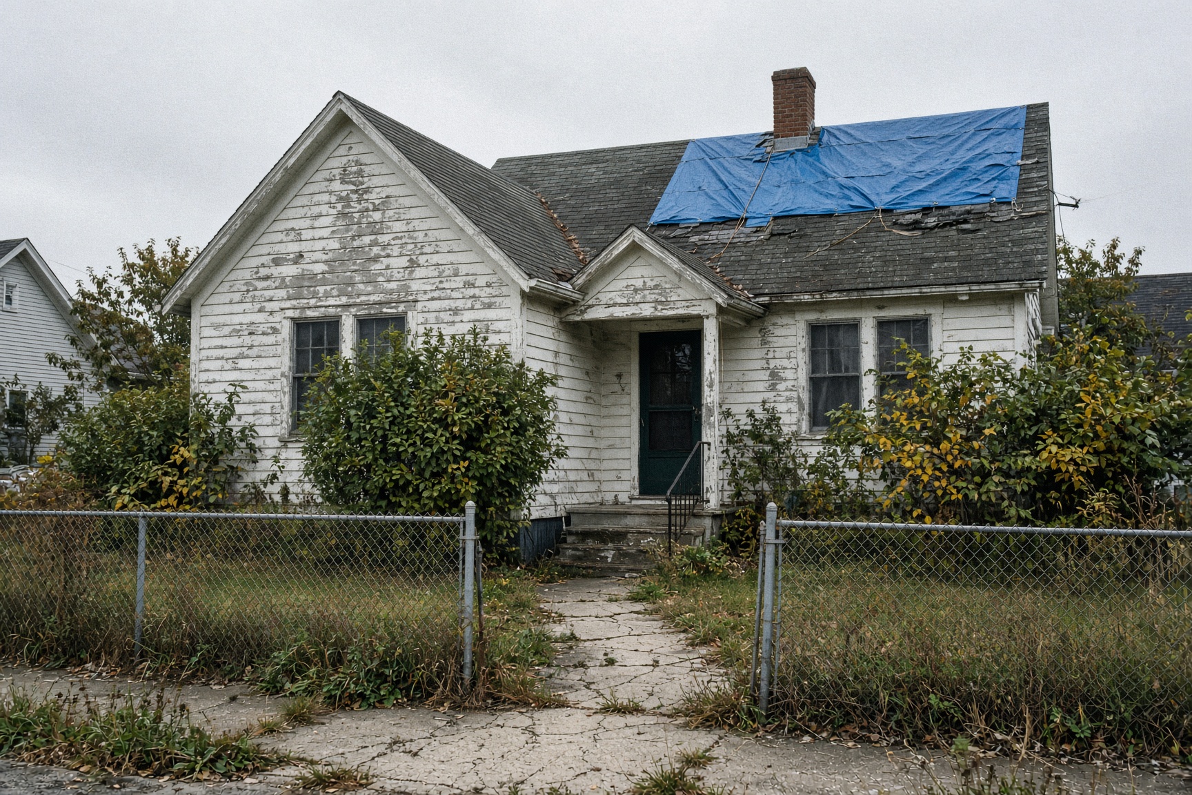 Small white Cape with a tarp on the roof, peeling paint and an overgrown yard