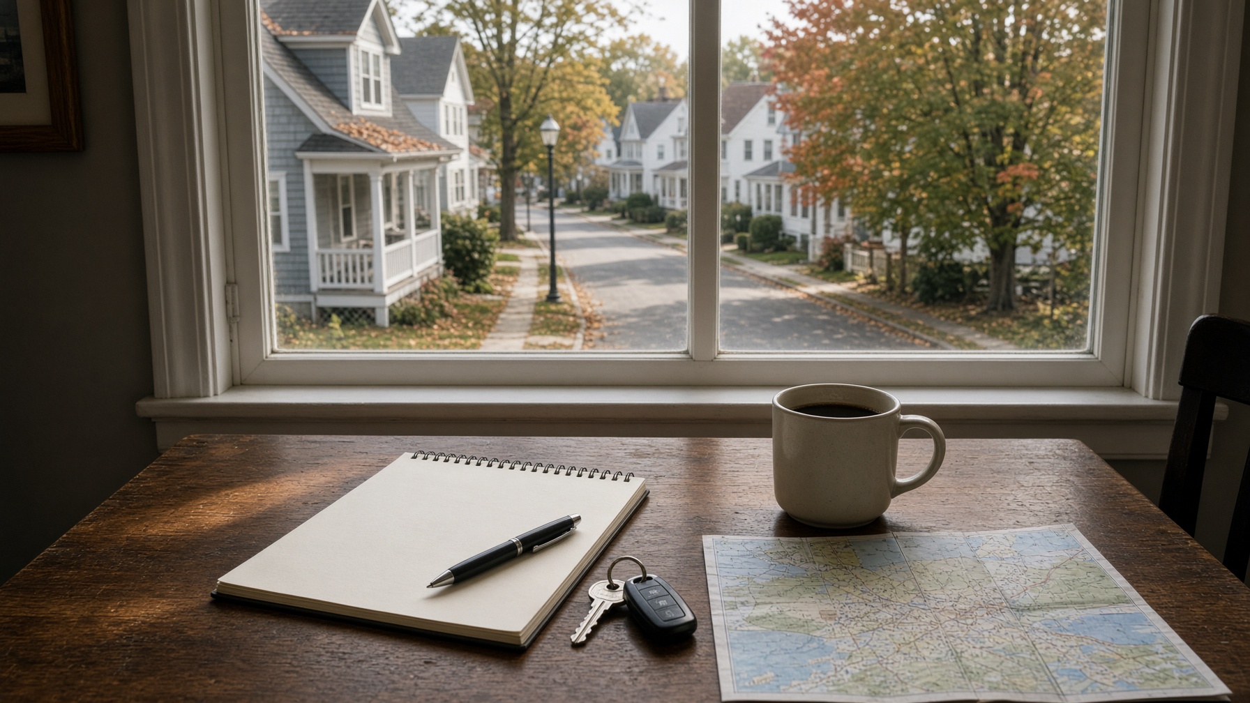 Notebook, house keys, coffee and a map on a table by a window