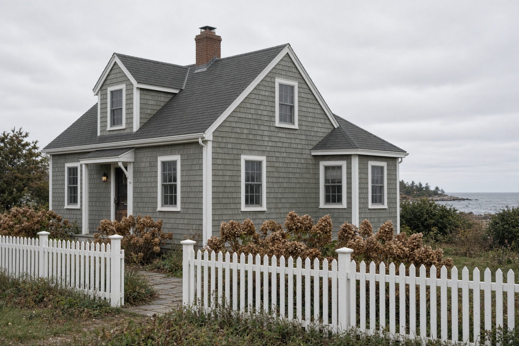 Gray-shingled Cape with dormers behind a white picket fence and dried hydrangeas, with the ocean beyond