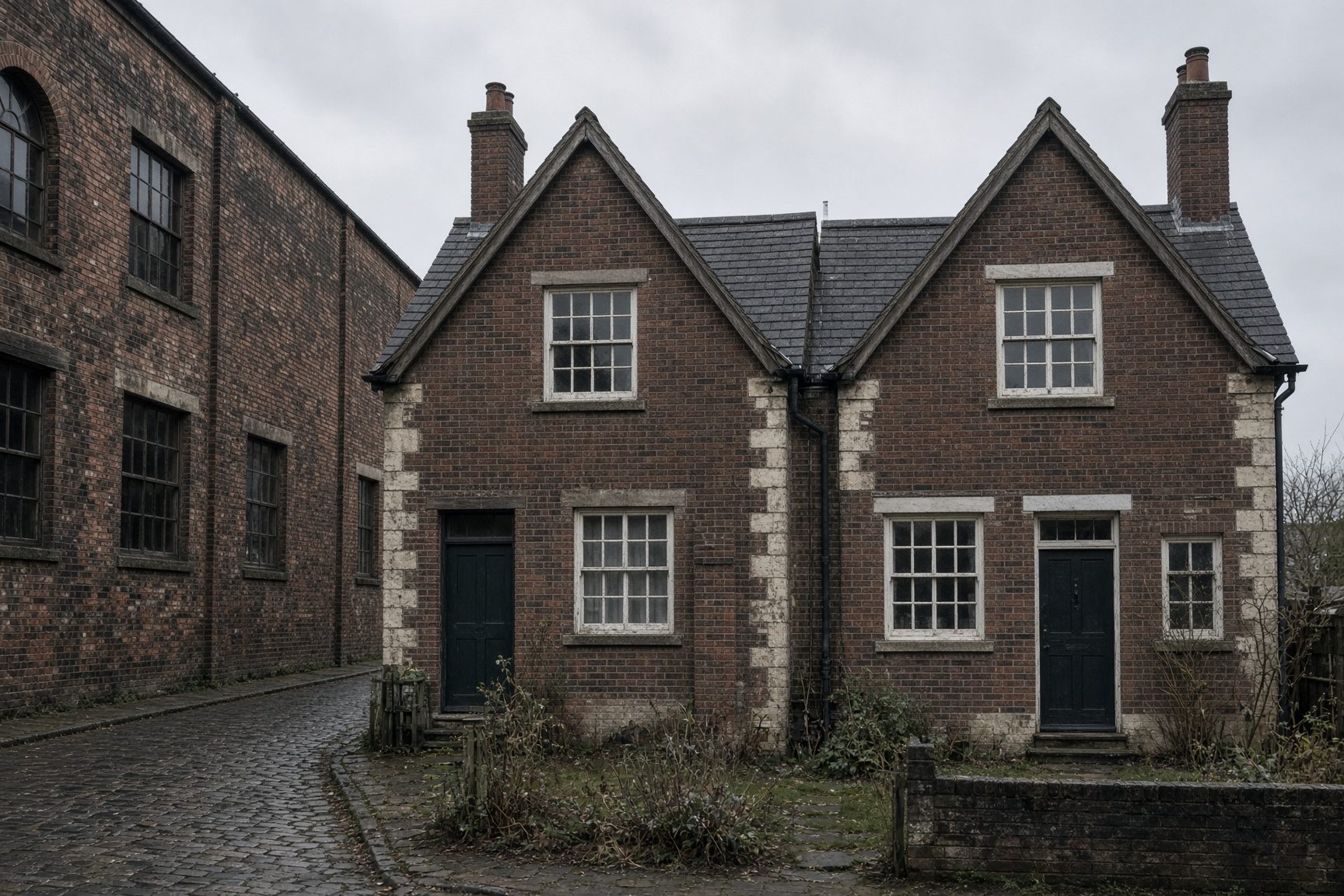 Two brick gabled houses with stone corners beside a tall brick mill wall on a cobblestone lane