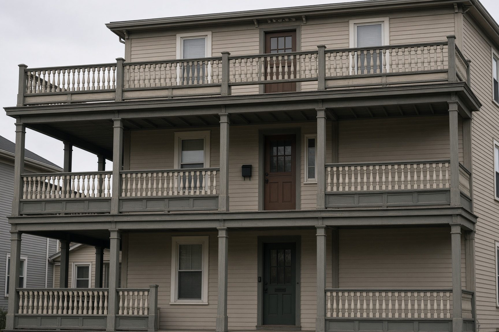 Tan triple-decker with three stacked porches and turned railings