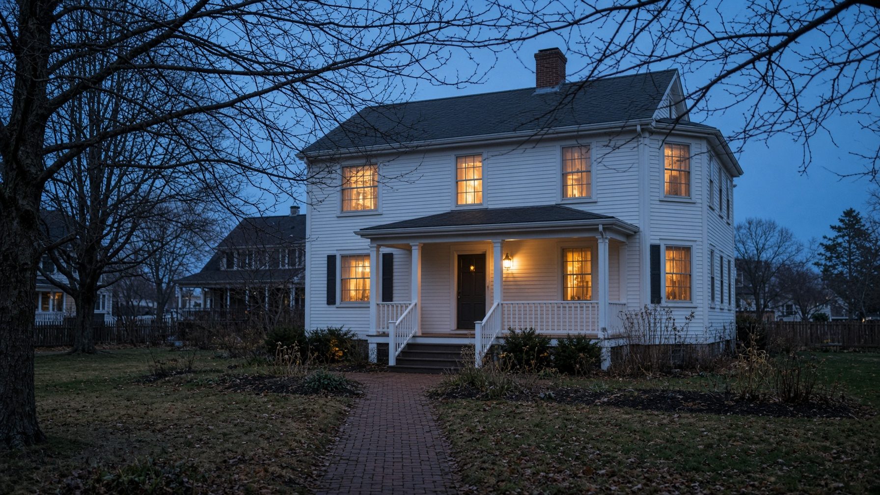 White colonial at dusk with lit windows, a porch light on and a brick walk to the door
