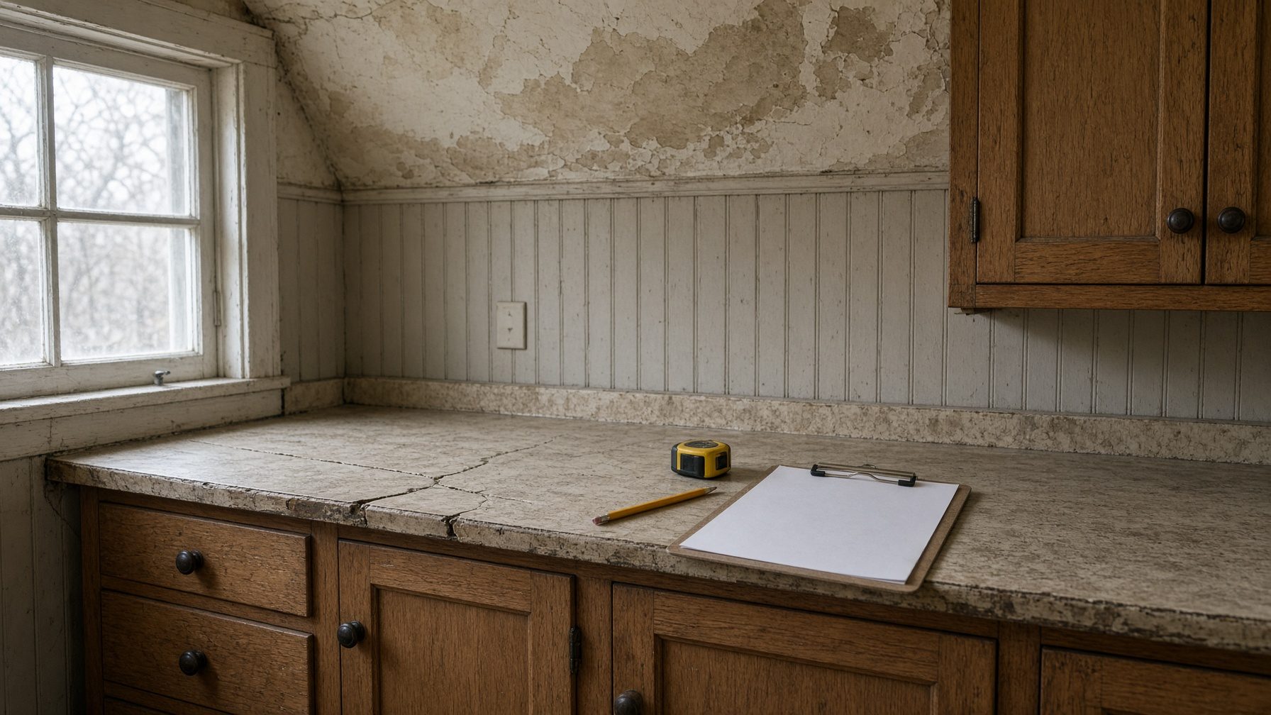 Dated kitchen with oak cabinets, a cracked counter and a stained ceiling, with a tape measure and clipboard on the counter