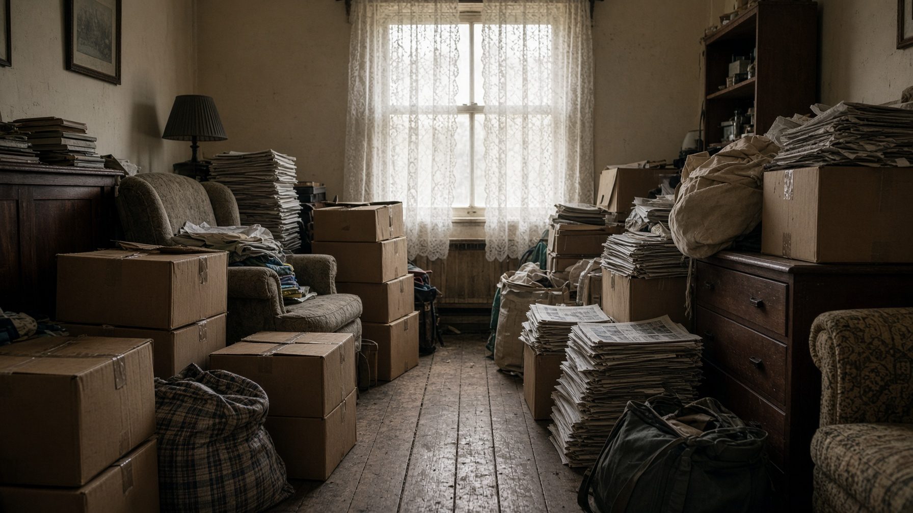 Living room crowded with cardboard boxes, stacks of newspapers and bags, with a narrow path across the floor