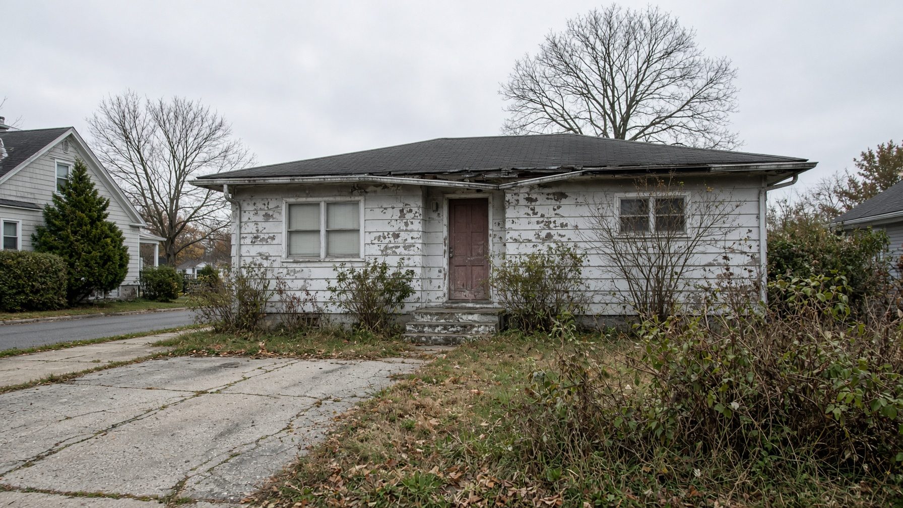 Single-story white house with peeling paint, a sagging gutter, overgrown shrubs and a cracked driveway
