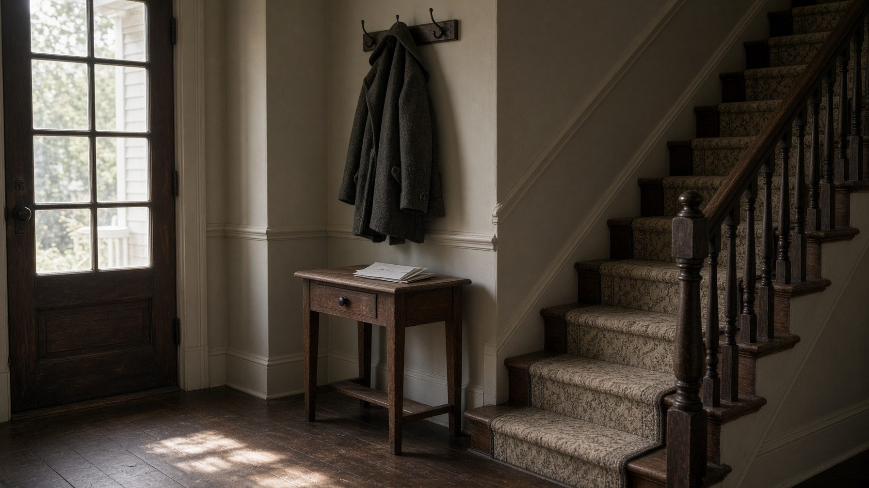 Front hall with a coat on a wall hook, a small side table with papers and a carpeted staircase