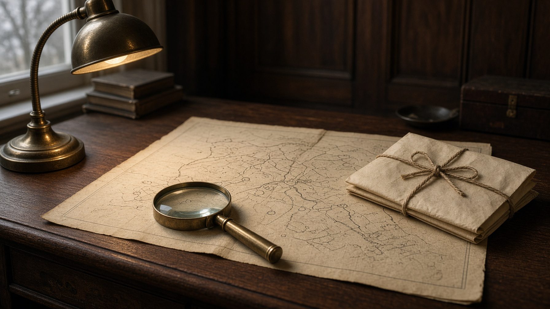 Desk with a brass lamp, an old survey map, a magnifying glass and a bundle of papers tied with twine