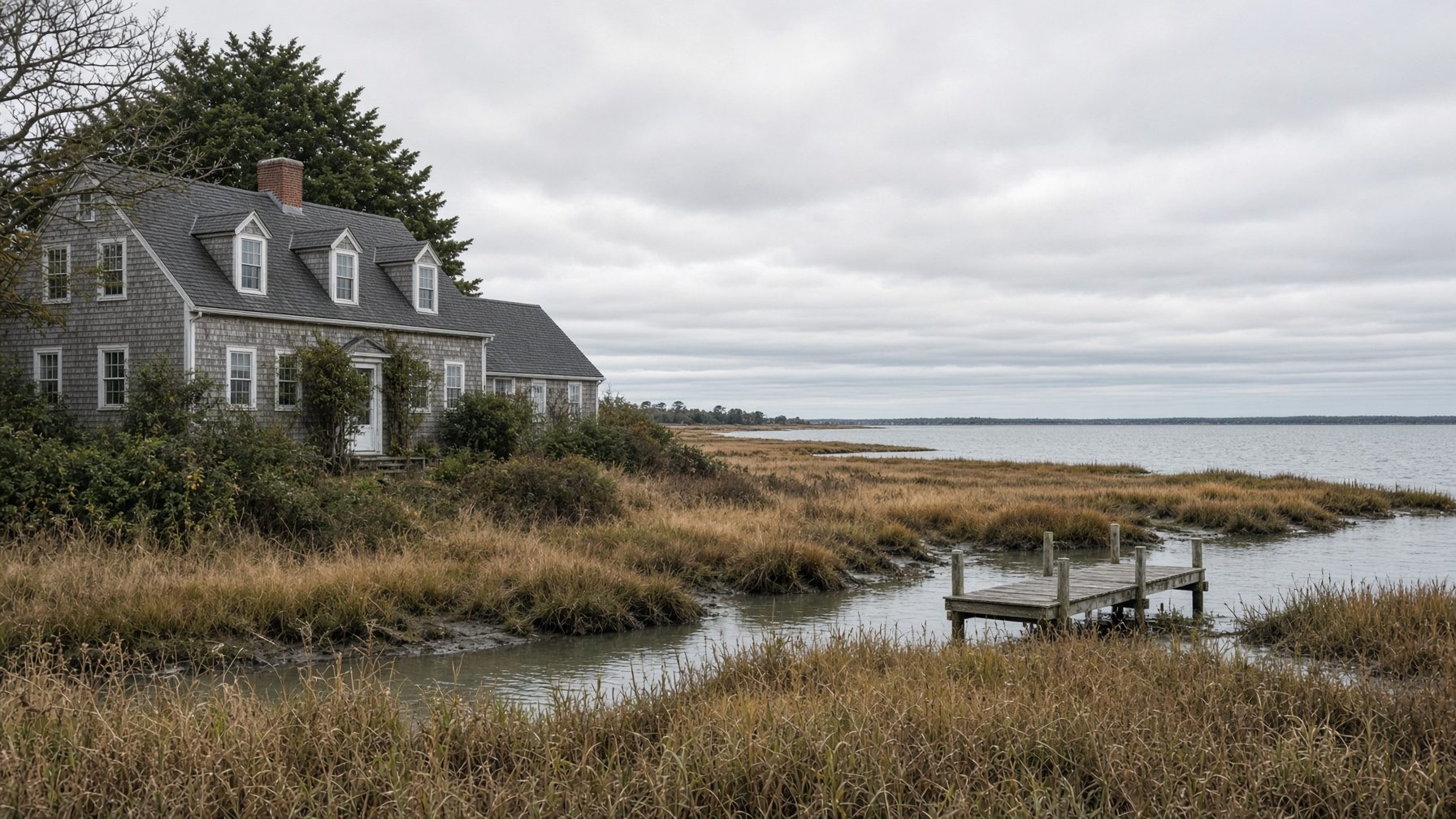 Gray-shingled Cape with dormers beside a salt marsh, with a small wooden dock and open water