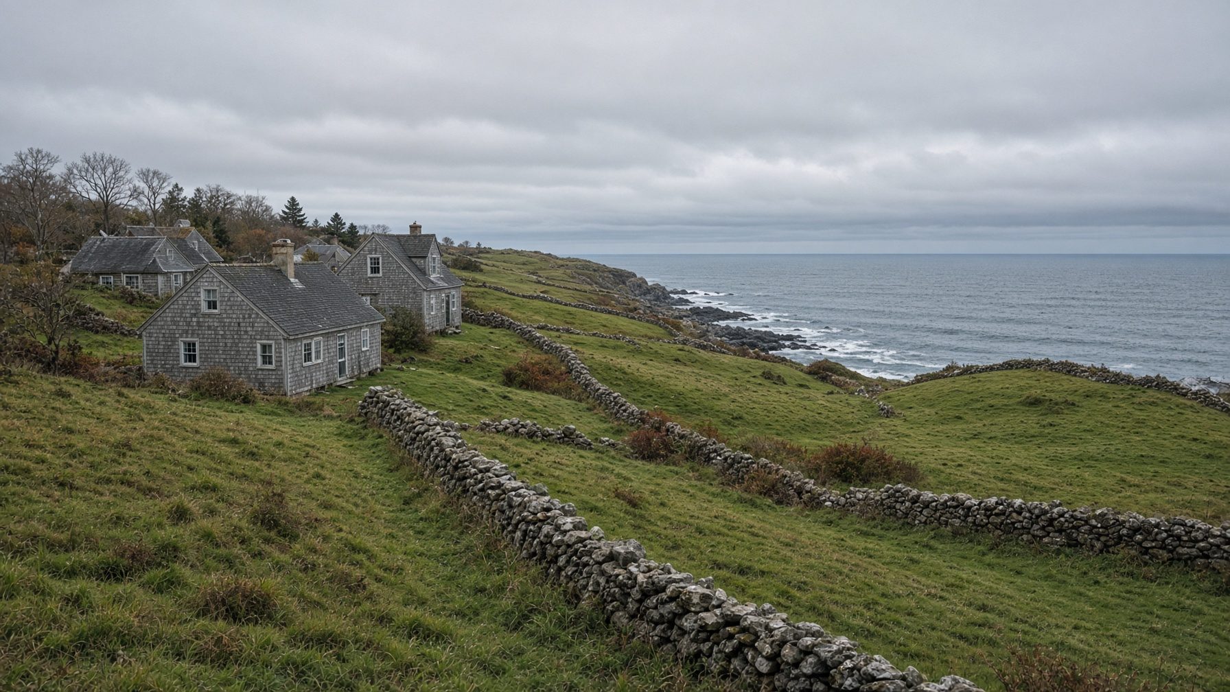 Gray-shingled cottages on a green hillside crossed by stone walls, above a rocky shore and the ocean
