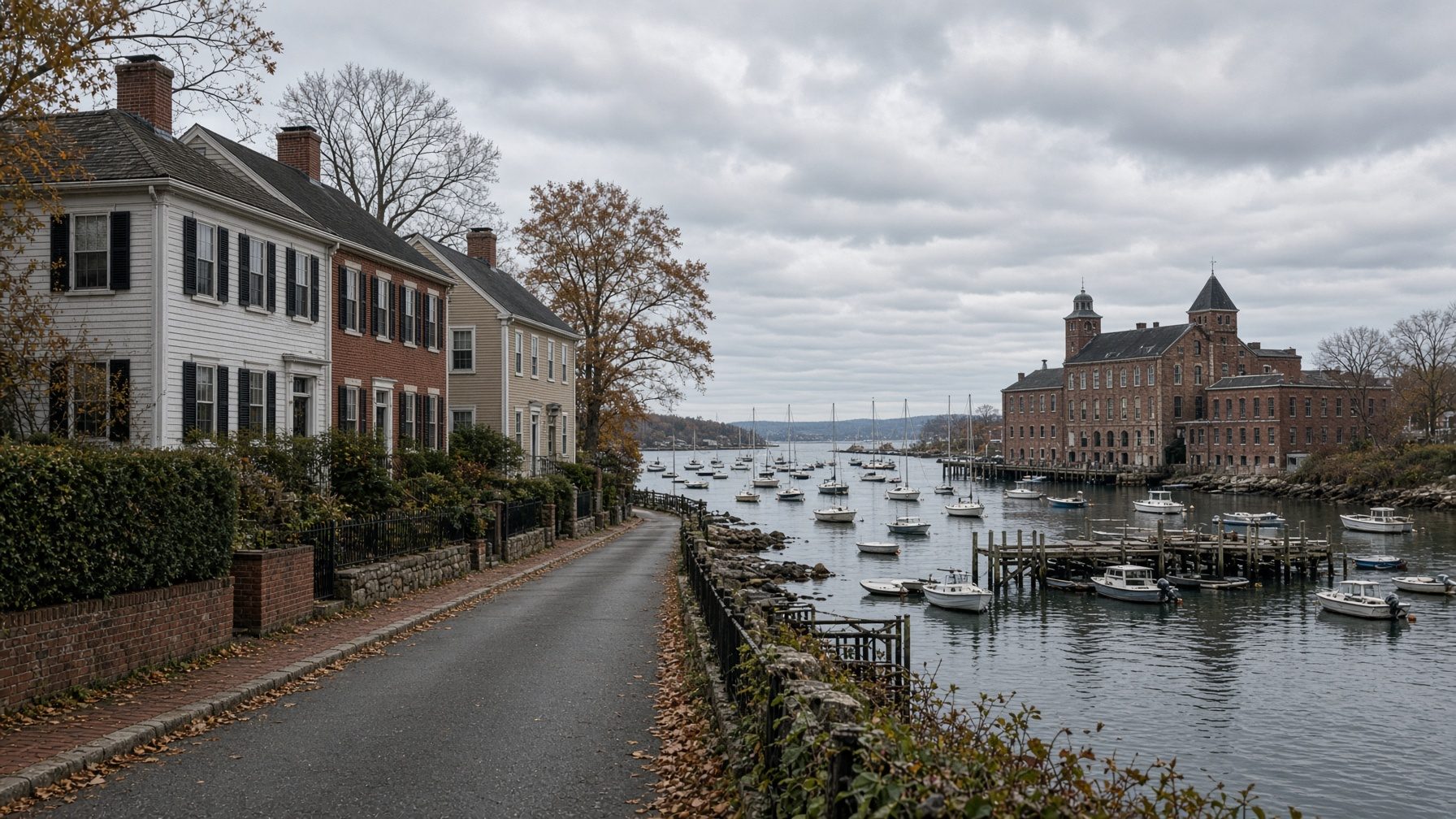 Row of clapboard and brick houses on a harbor road, with sailboats moored offshore and a brick mill across the water