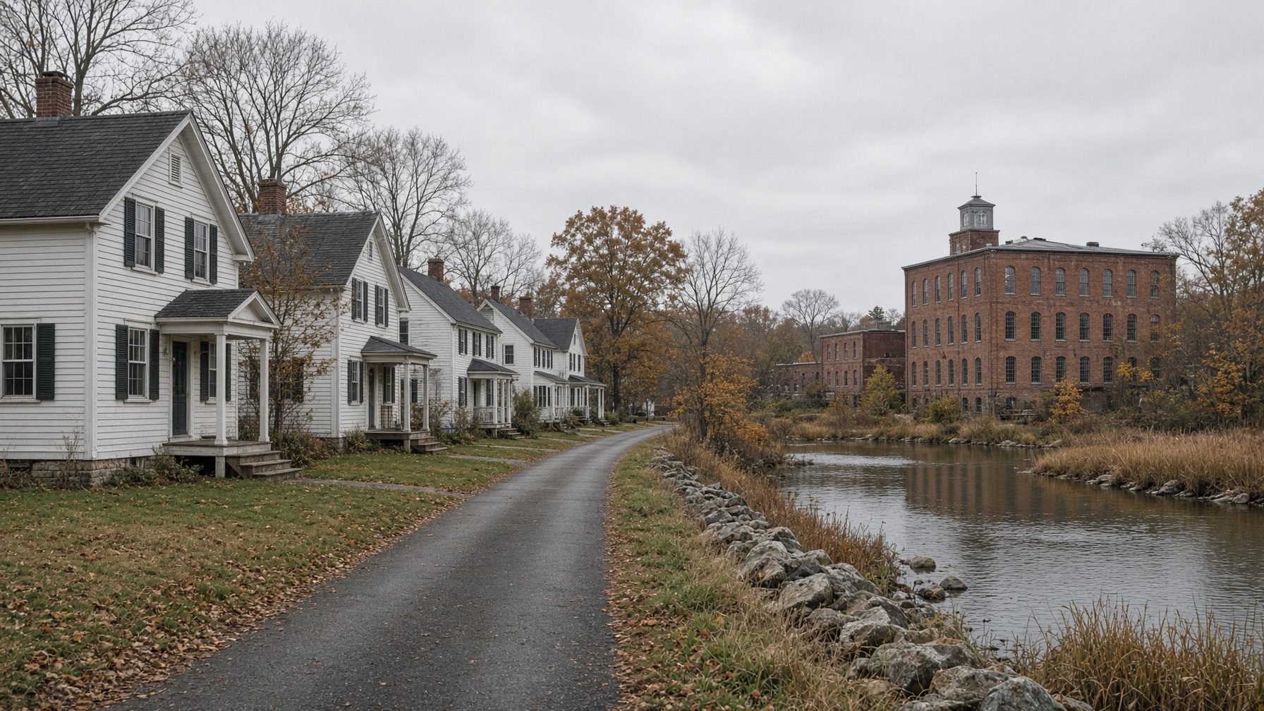 Row of white clapboard houses along a lane beside a river, with a brick mill beyond