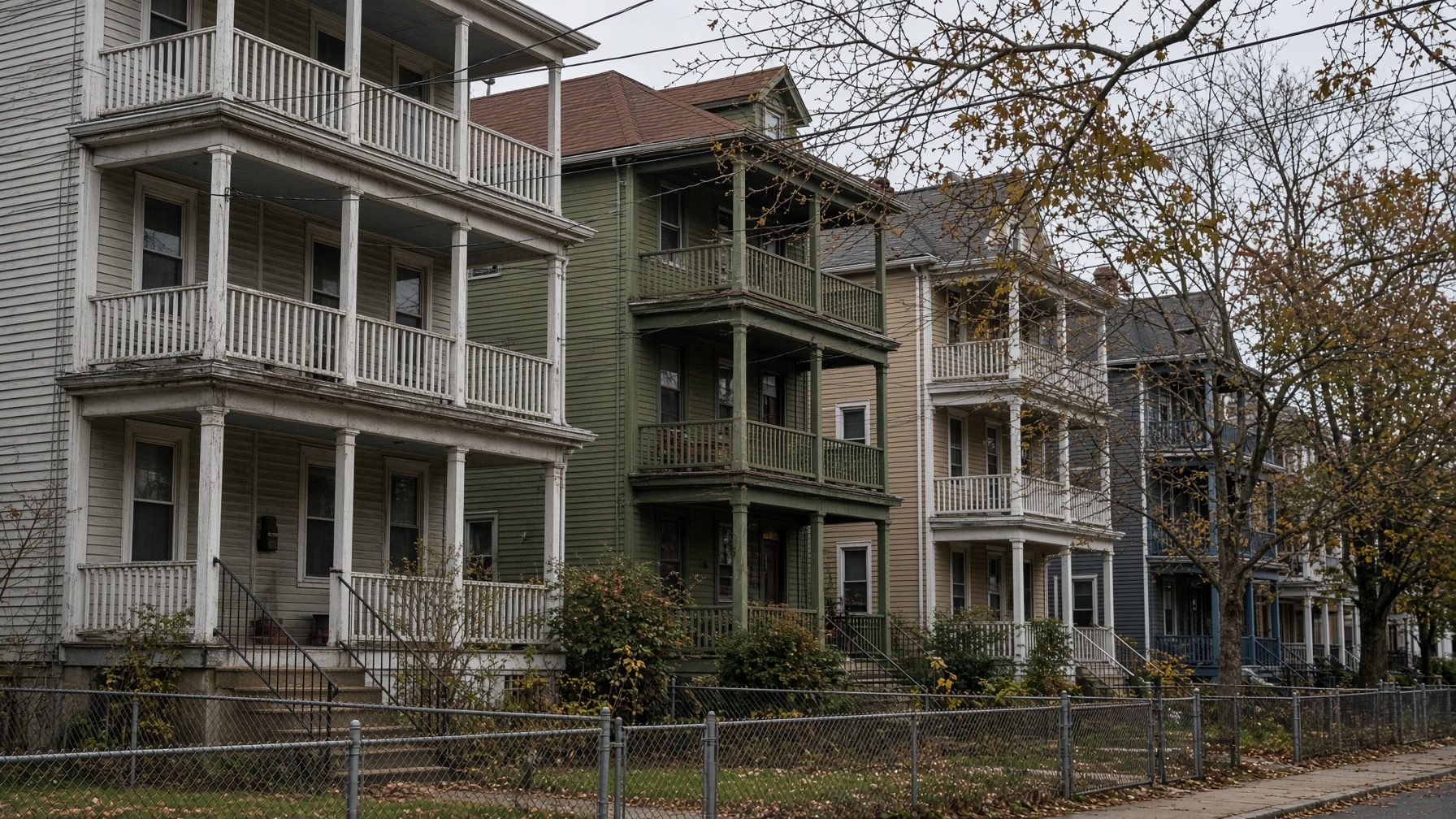 Row of triple-deckers with stacked porches, painted white, green, tan and blue, behind a chain-link fence