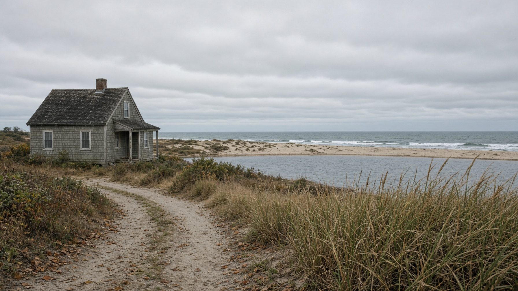 Small gray-shingled cottage on a sandy track through dune grass, beside a salt pond and the beach