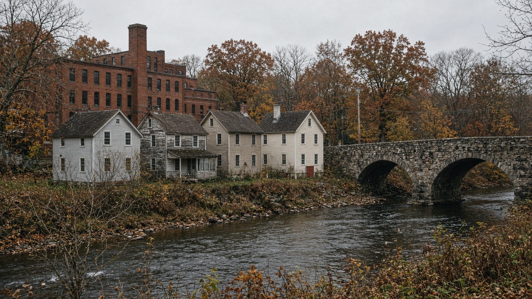 Mill houses beside a river with a stone arch bridge, and a brick mill with a tall chimney behind them