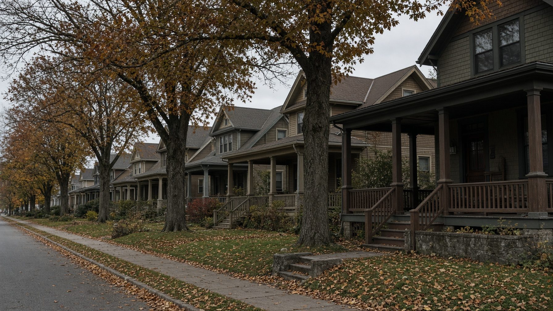 Tree-lined street of shingled houses with deep front porches and fallen leaves on the sidewalk