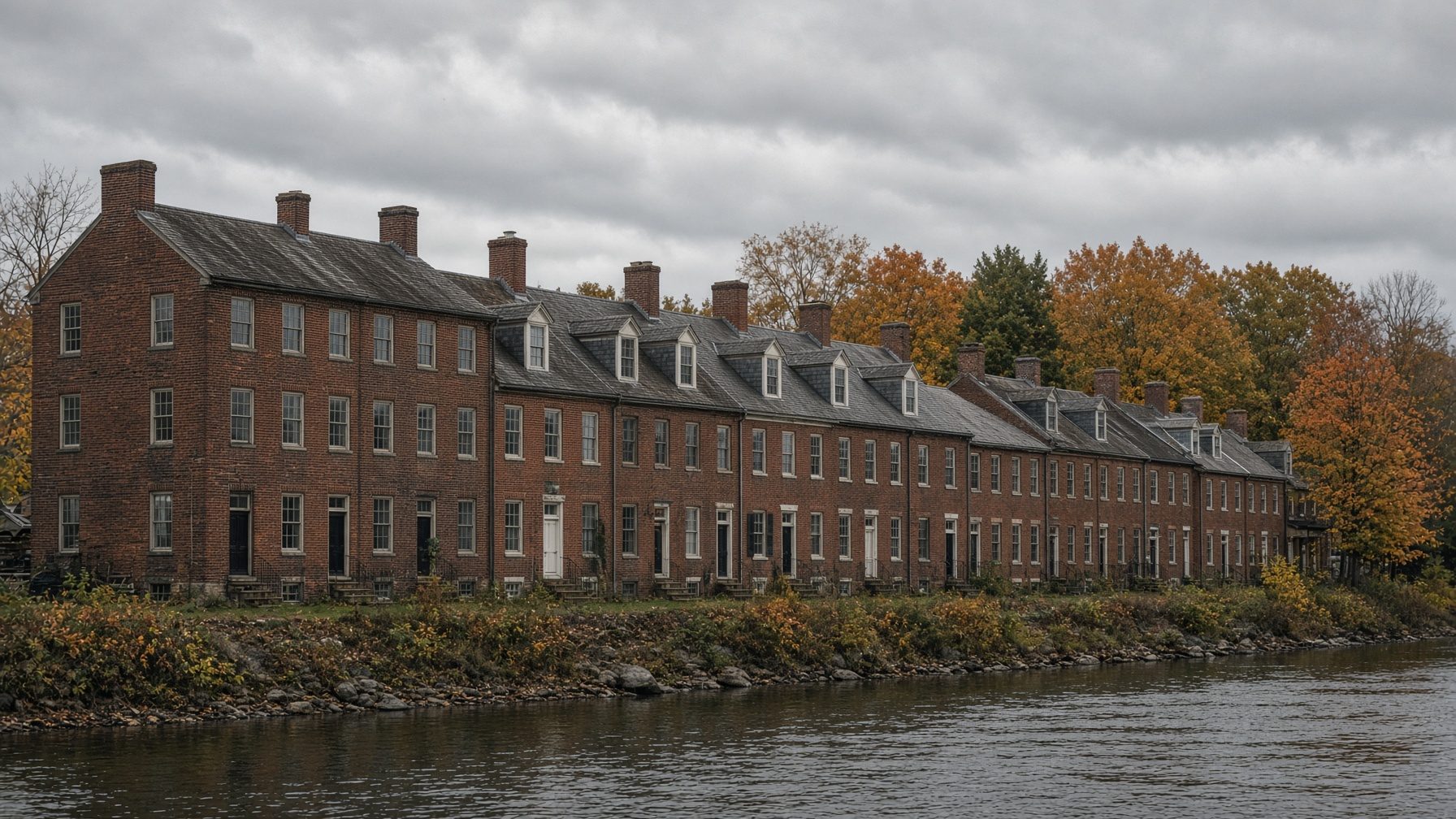 Long row of brick row houses with dormers along a river, with fall trees behind