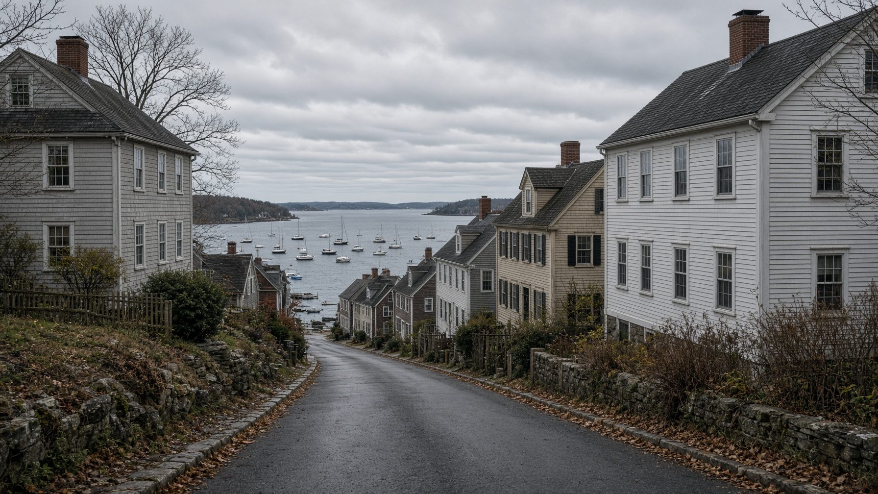 Steep street of clapboard colonial houses running down to a harbor full of moored sailboats