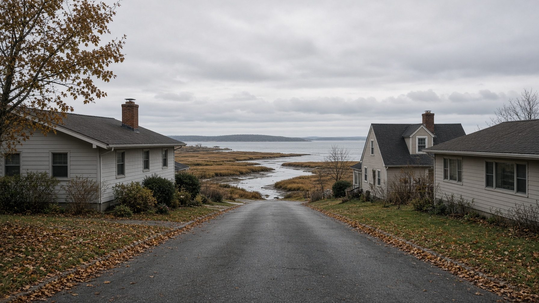 Road between modest ranch and Cape houses running down to a salt marsh and the bay