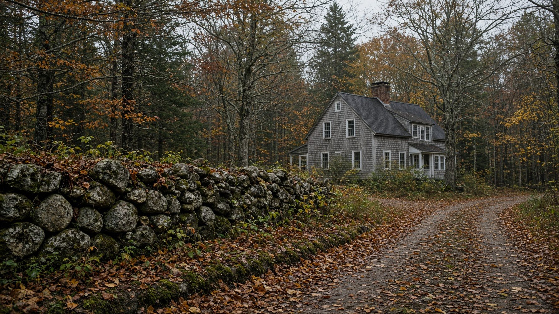 Gray-shingled farmhouse in the woods beyond a mossy fieldstone wall and a leaf-covered dirt drive