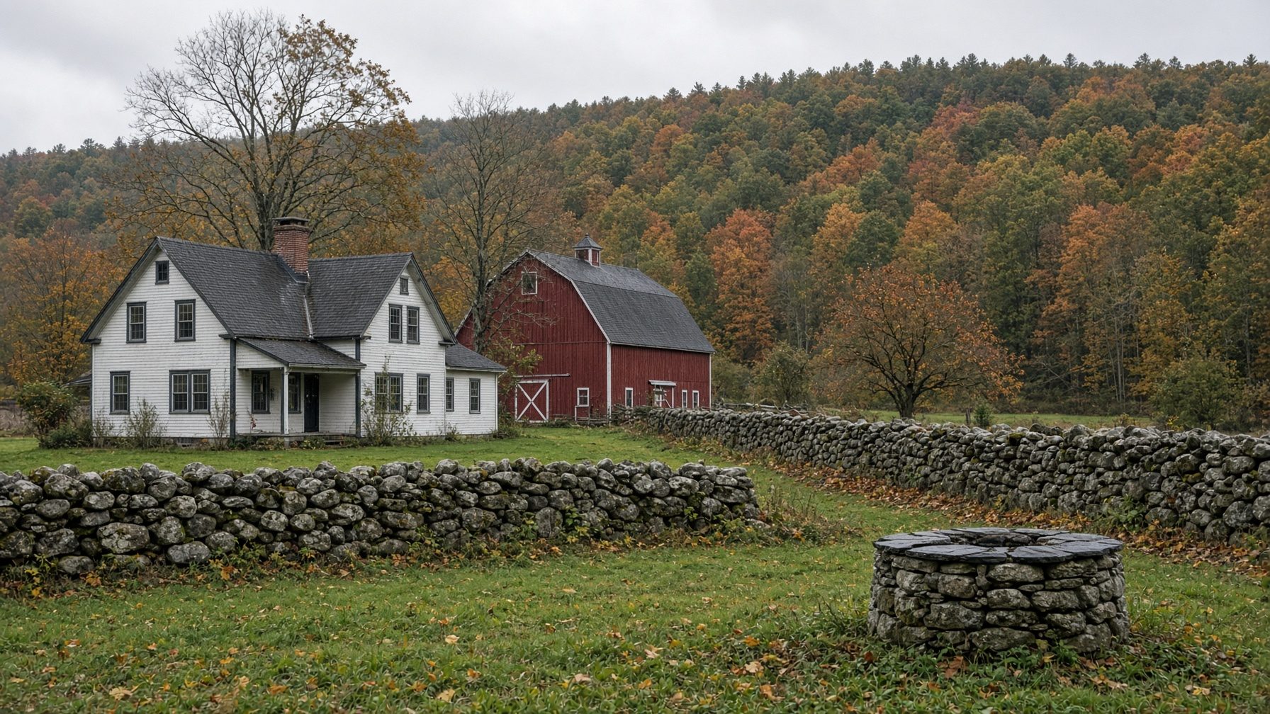 White farmhouse and red barn beside fieldstone walls and an old stone well, with wooded hills in fall color