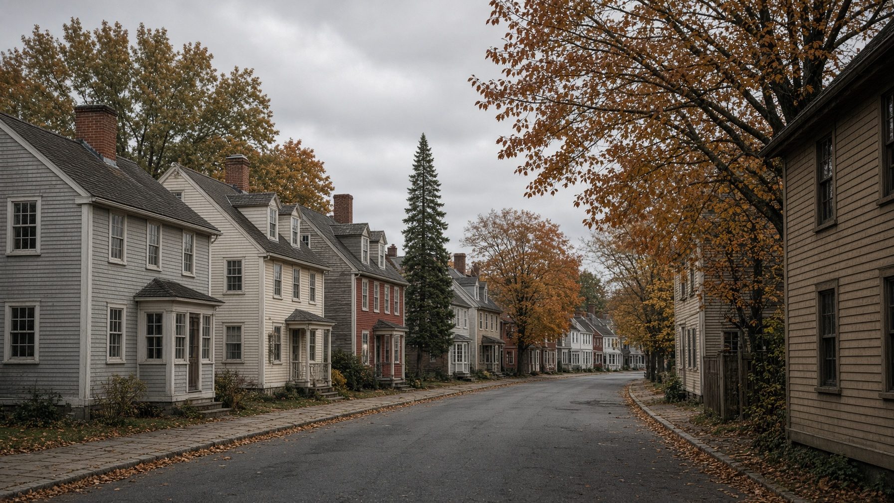 Village street of clapboard colonial houses under fall trees