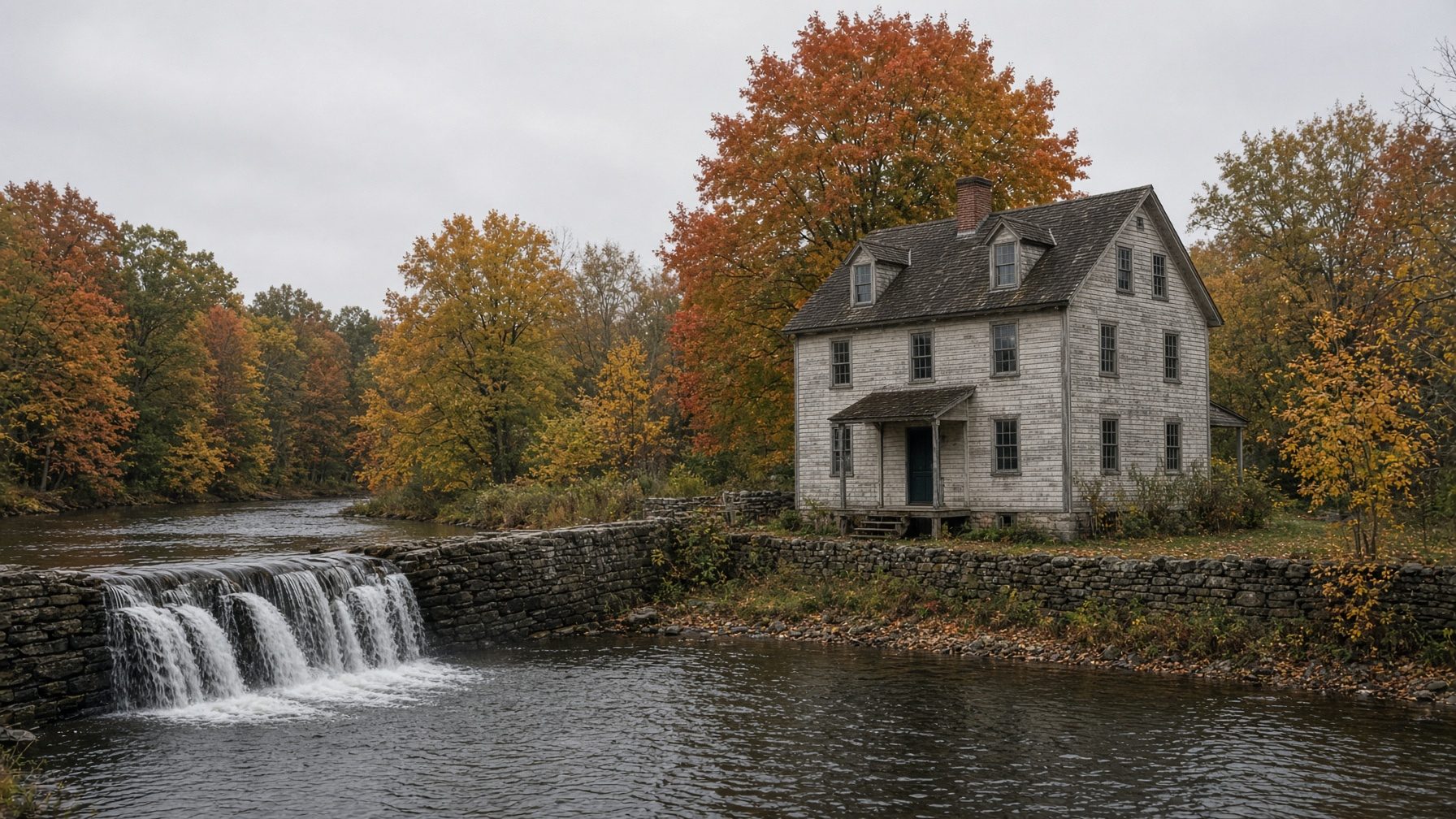 Weathered three-story clapboard house beside a stone dam and waterfall, with fall trees