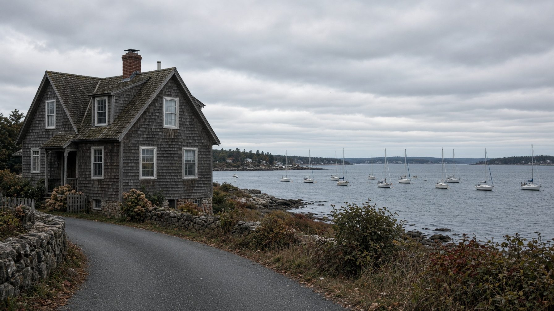 Gray-shingled house on a winding shore road, with sailboats moored in the bay