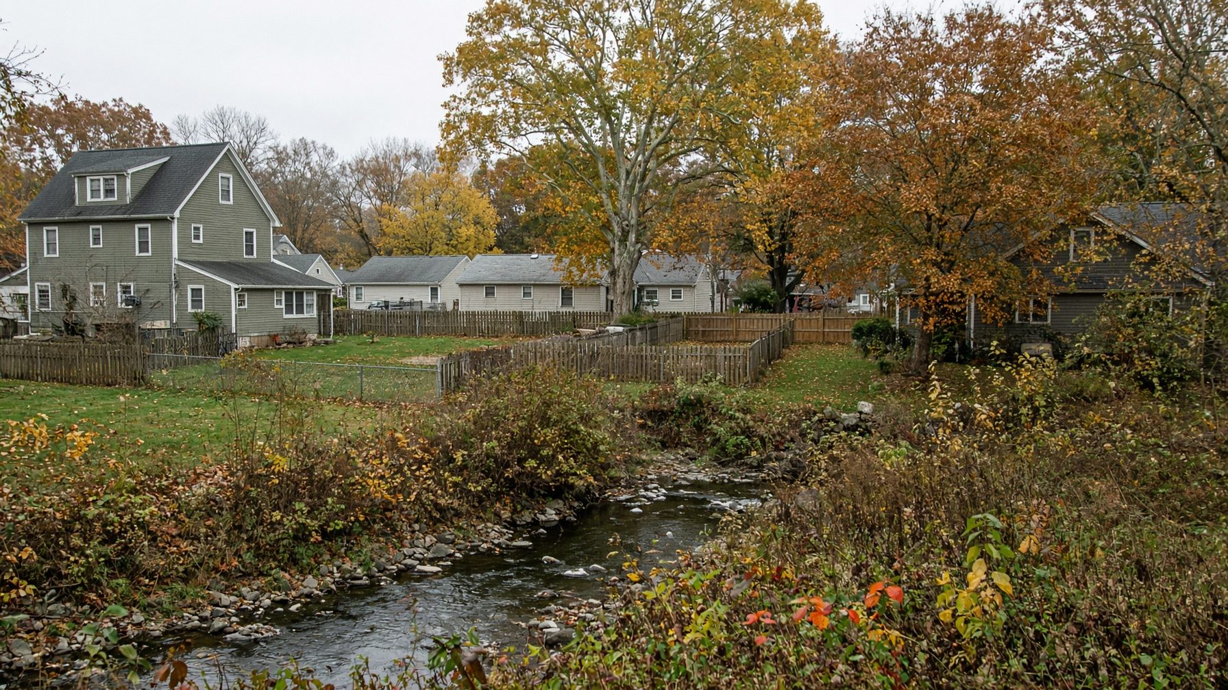 Green two-story house and small ranch houses behind wood fences, with a brook running through brush in front