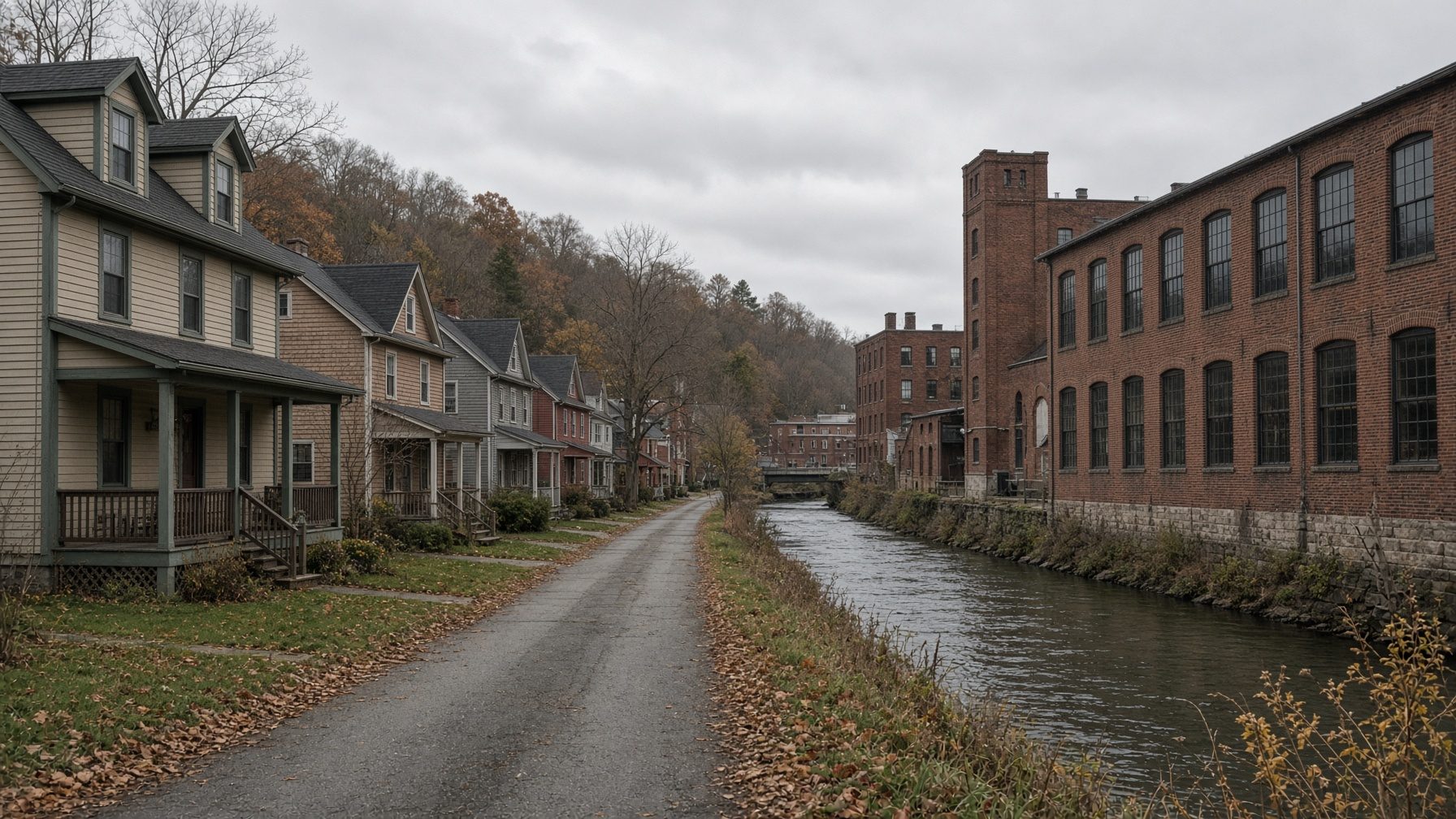 Row of clapboard houses with front porches along a road beside a canal and a long brick mill