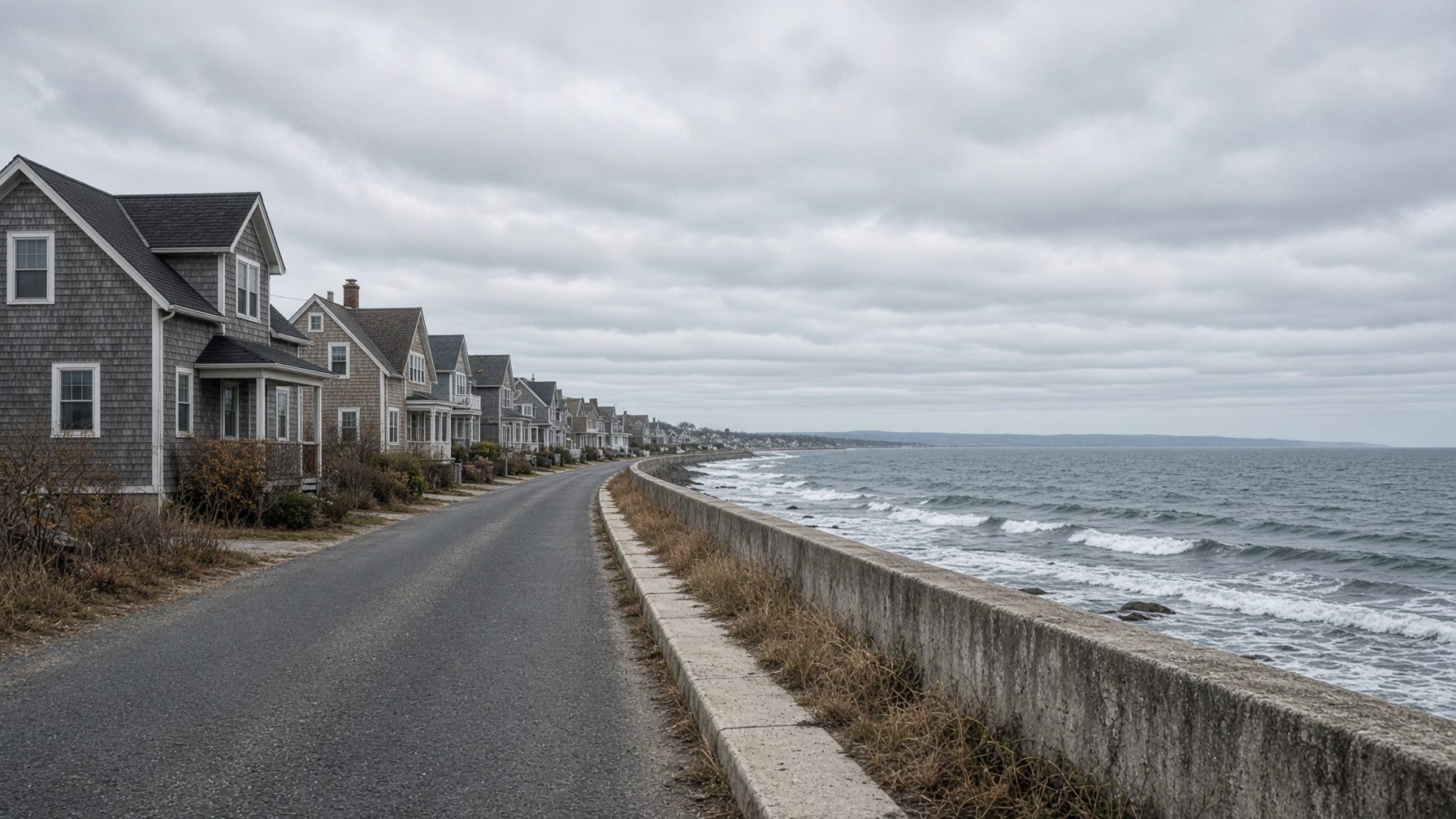 Row of gray-shingled houses along a seawall road beside the ocean