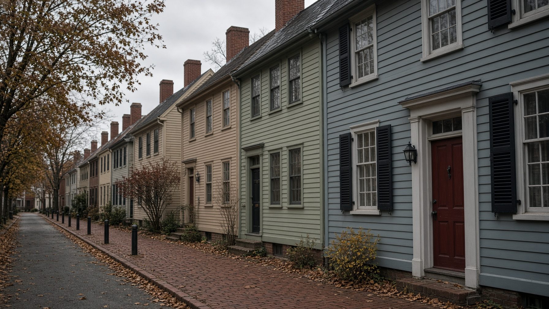 Row of colonial clapboard houses in gray-blue, green and tan with black shutters along a brick sidewalk