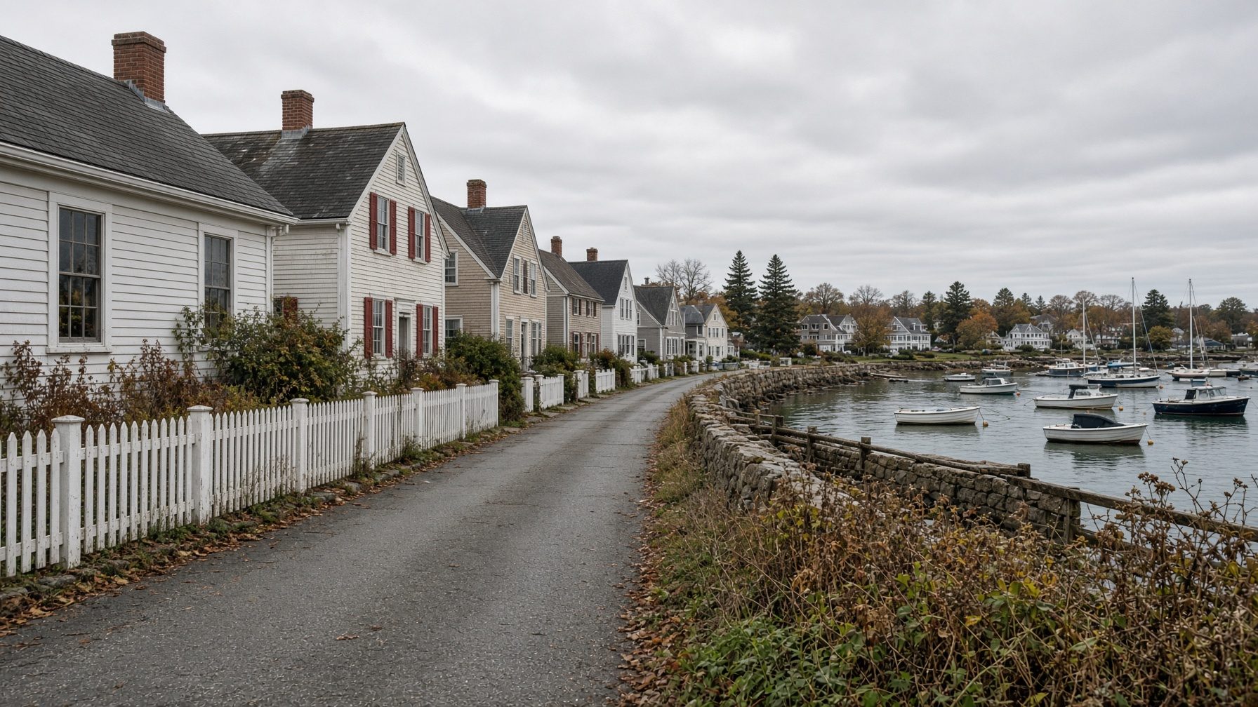 White clapboard houses with red shutters behind a picket fence on a harbor road, with small boats moored