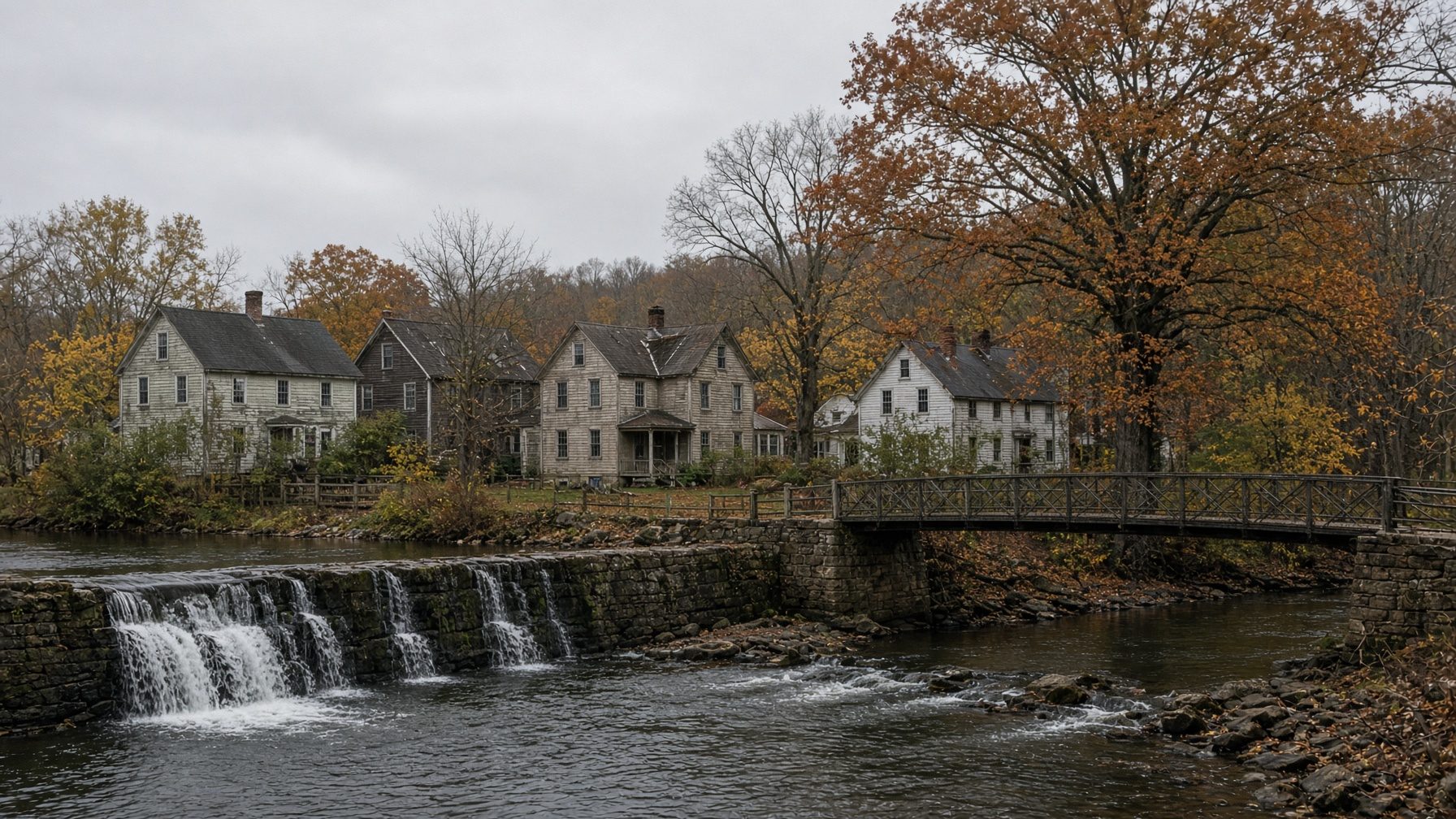 Clapboard houses beside a river with a stone dam, a small waterfall and a wooden footbridge