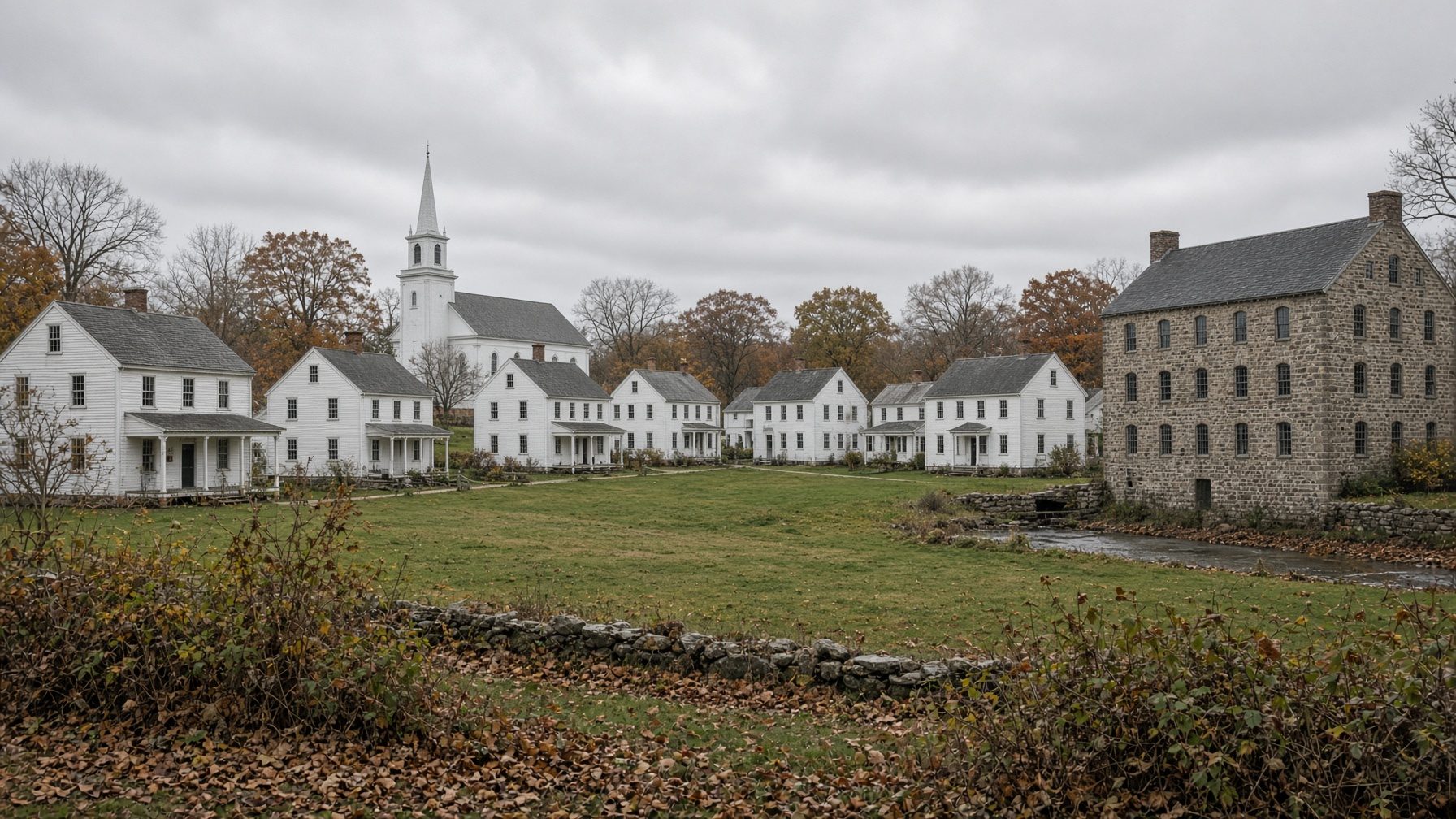 White houses along a village green with a church steeple and a stone mill building