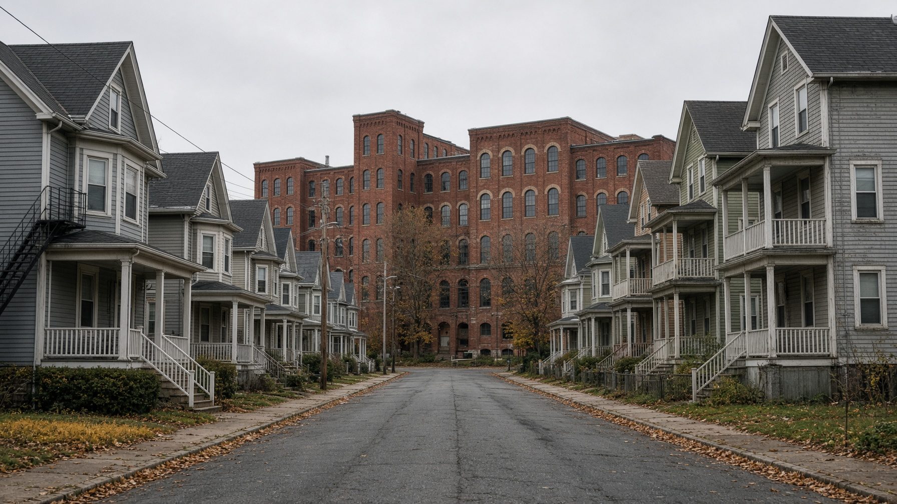 Street of multi-family houses with stacked porches leading to a large brick mill