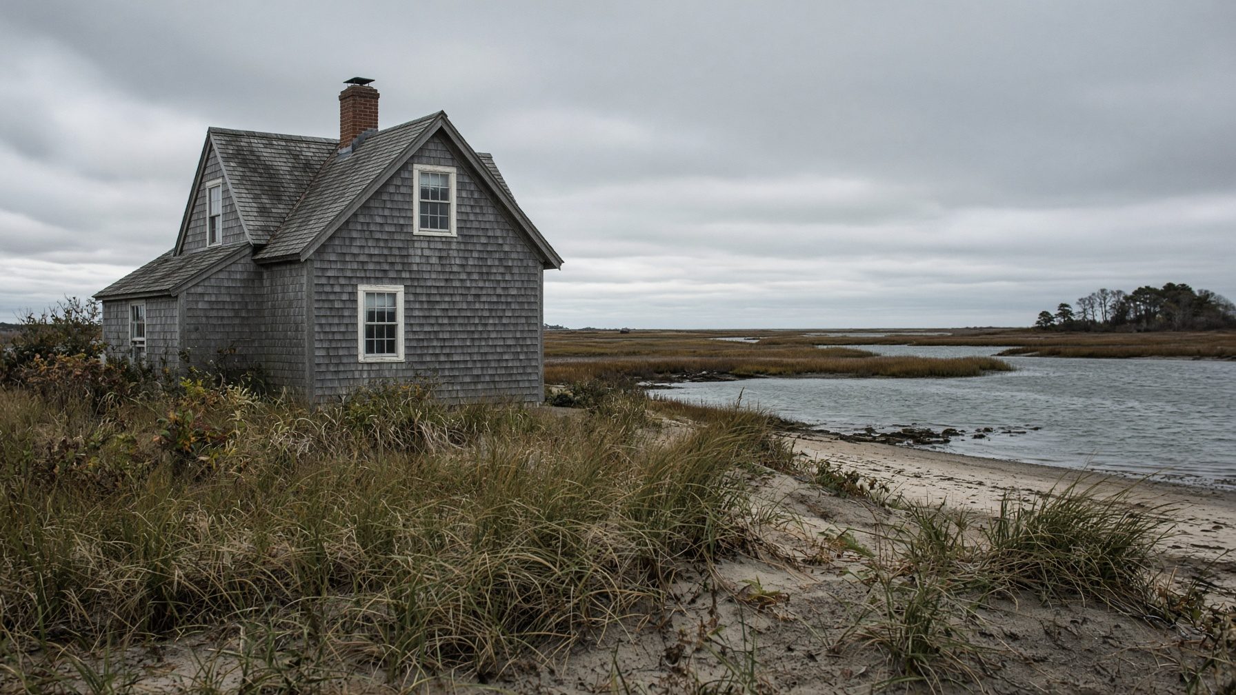Small gray-shingled cottage in dune grass at the edge of a marsh inlet and a sandy beach