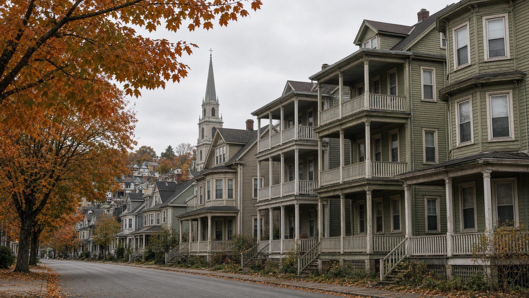 Triple-deckers with stacked porches along a tree-lined street, with a church steeple behind