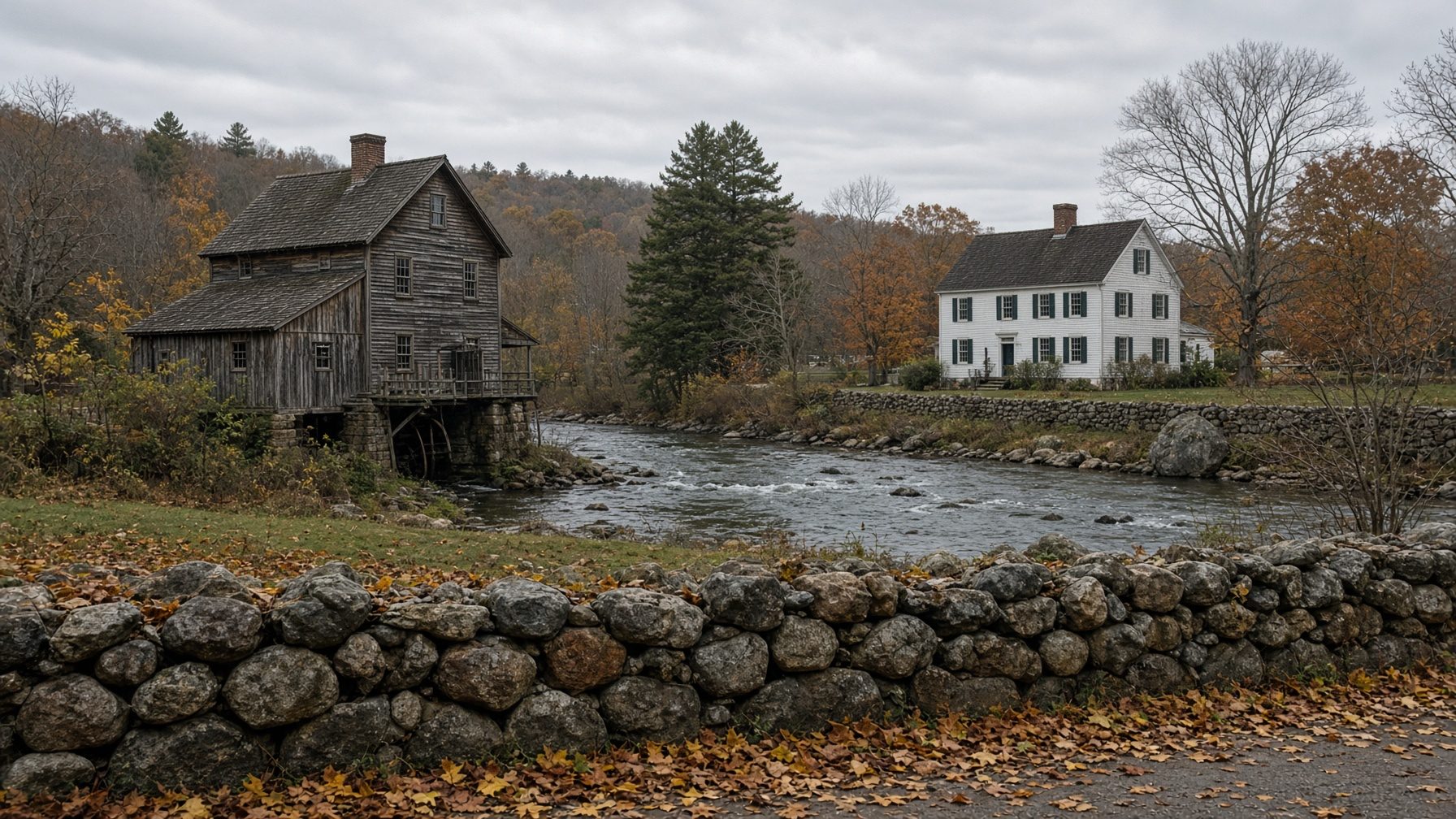 Weathered wooden mill with a water wheel on a river, and a white colonial house beyond a stone wall