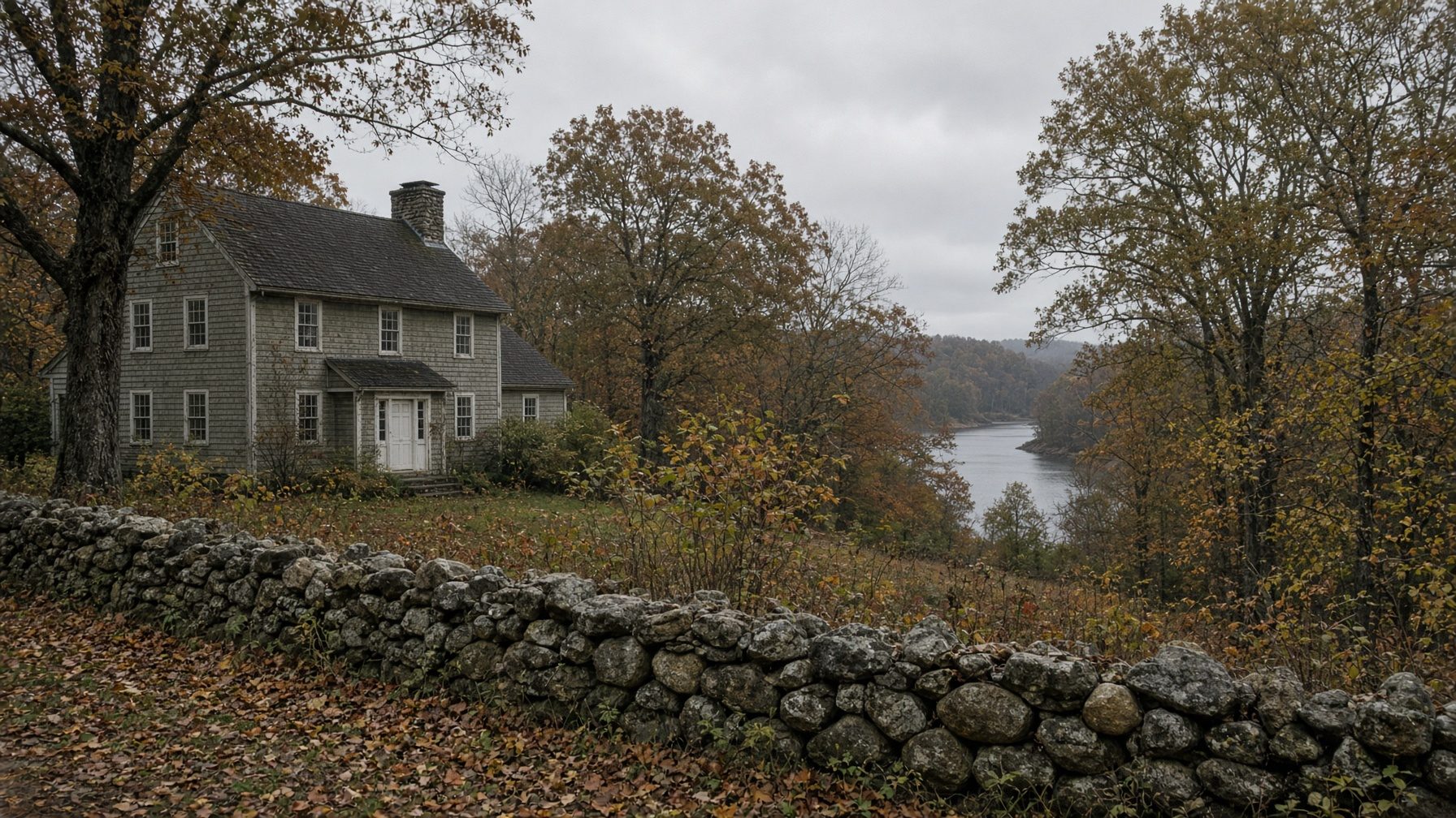 Gray clapboard colonial behind a fieldstone wall, with a reservoir through the fall trees