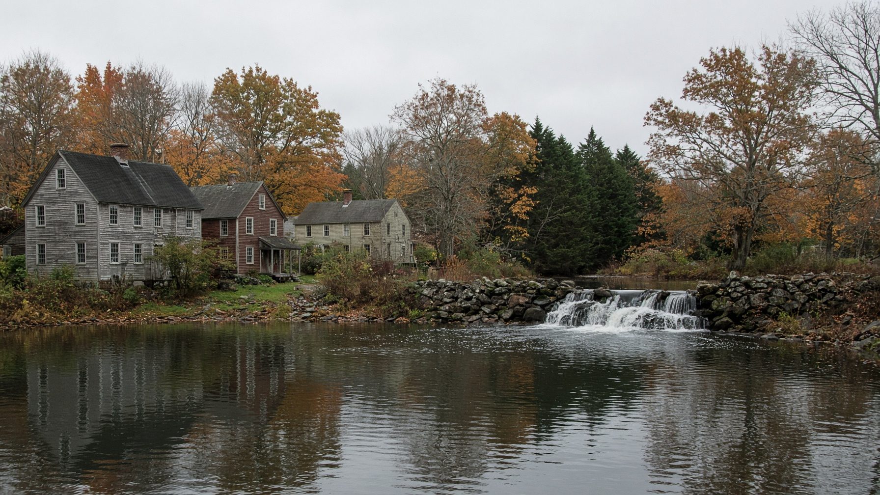 Clapboard houses beside a millpond with a small waterfall over a stone dam