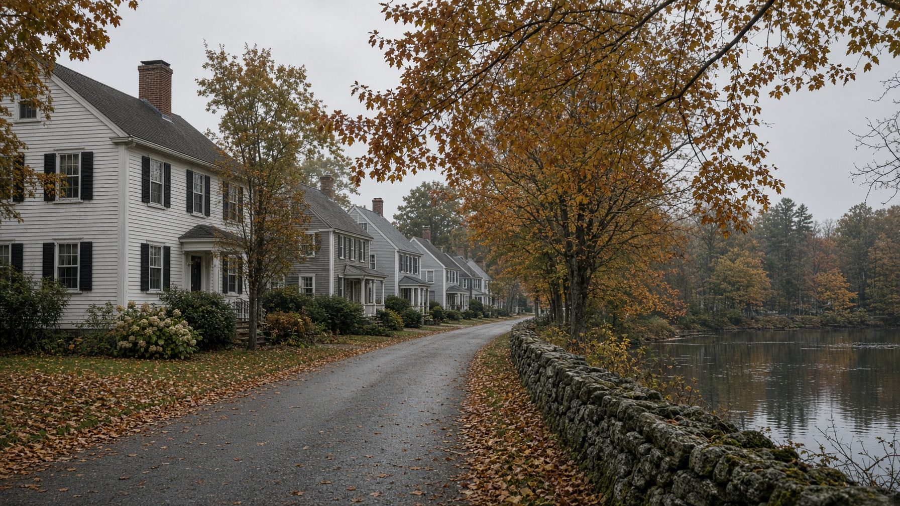 White colonial houses with black shutters along a lane beside a stone wall and a pond
