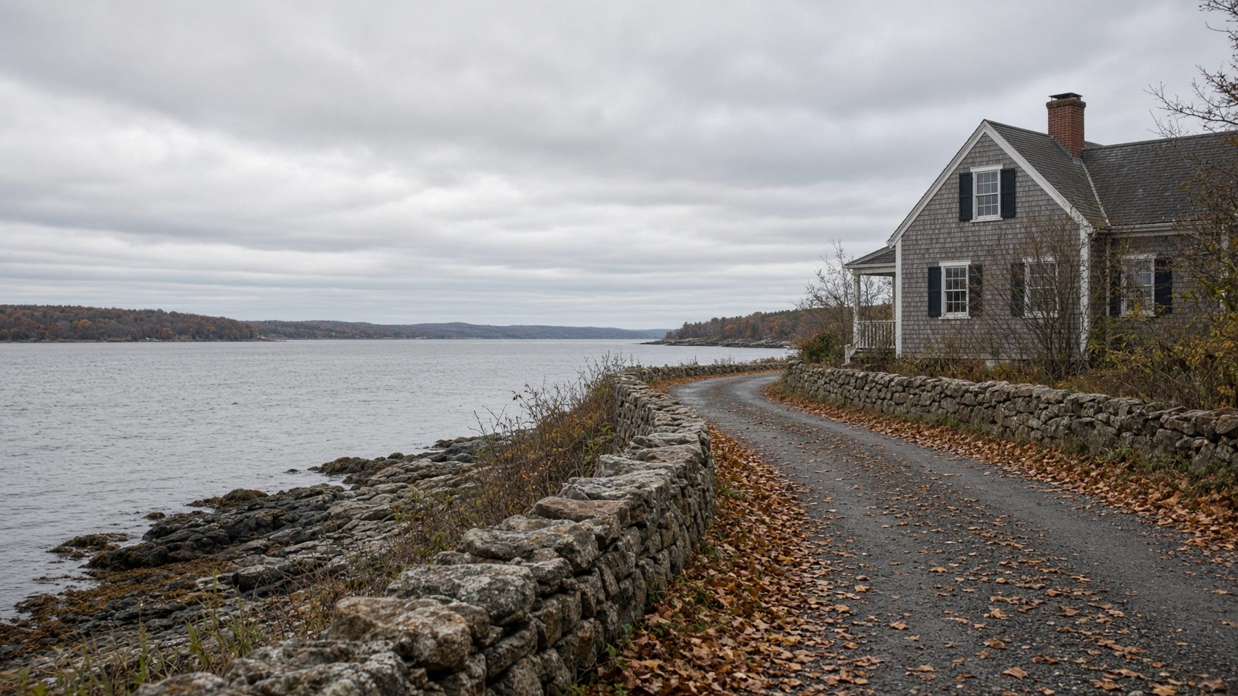 Gray-shingled house above a stone-walled road along the shore