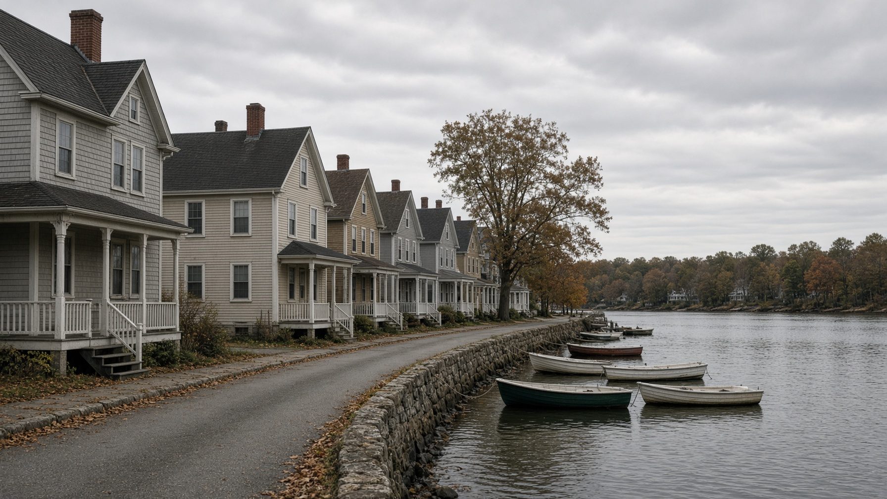 Row of clapboard houses with porches along a waterfront road, with rowboats tied up at the seawall