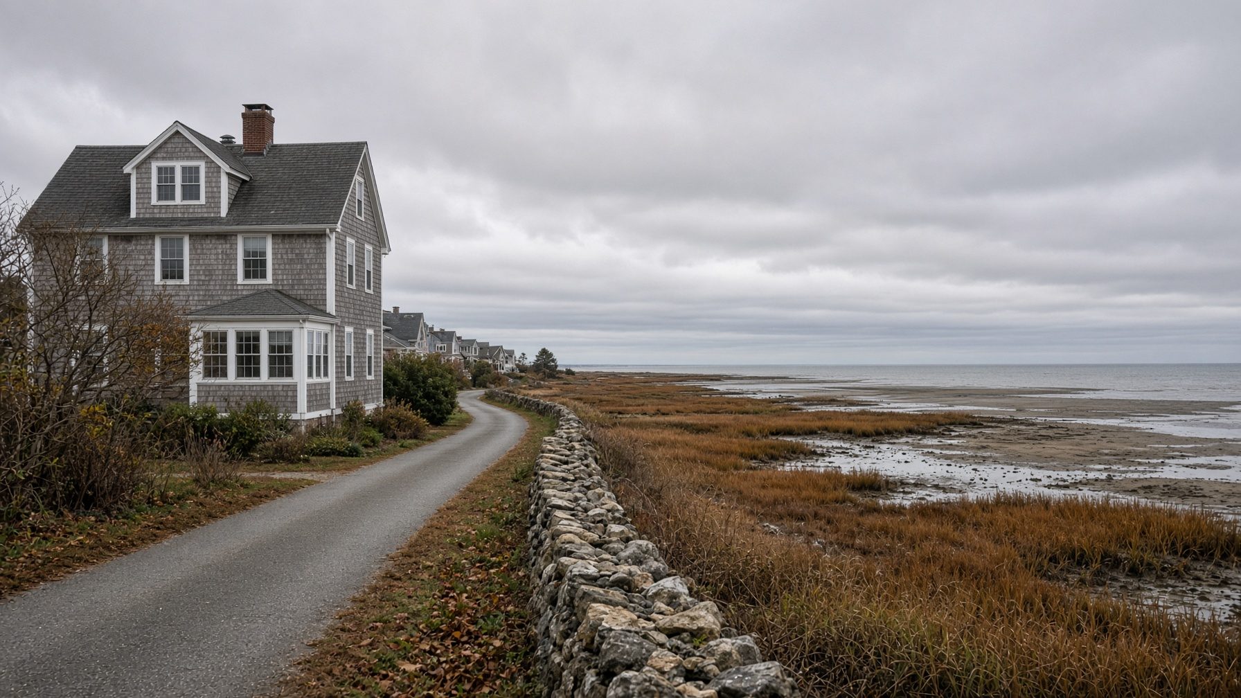 Gray-shingled house on a road beside a stone wall and a salt marsh at low tide