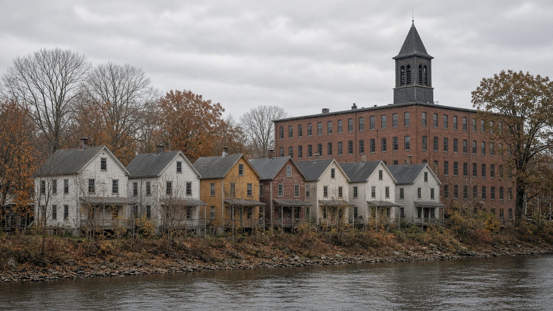 Row of mill houses along a river in front of a brick mill with a bell tower