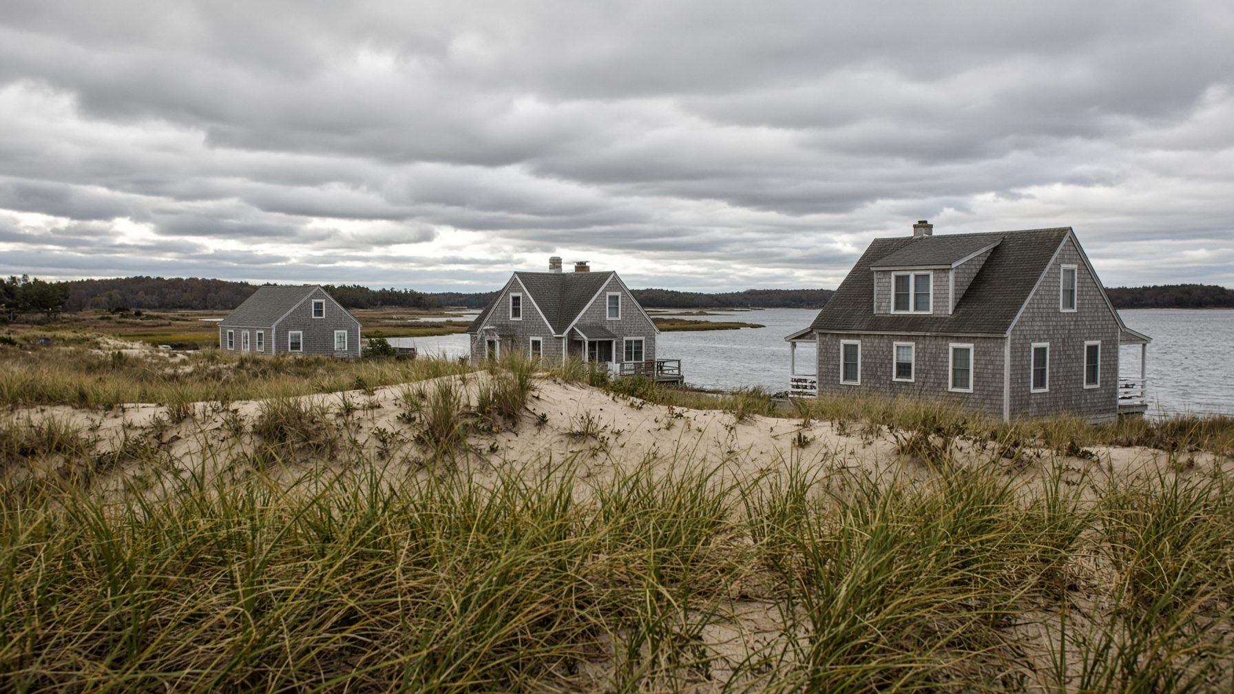 Gray-shingled cottages among sand dunes and beach grass at the edge of a salt pond