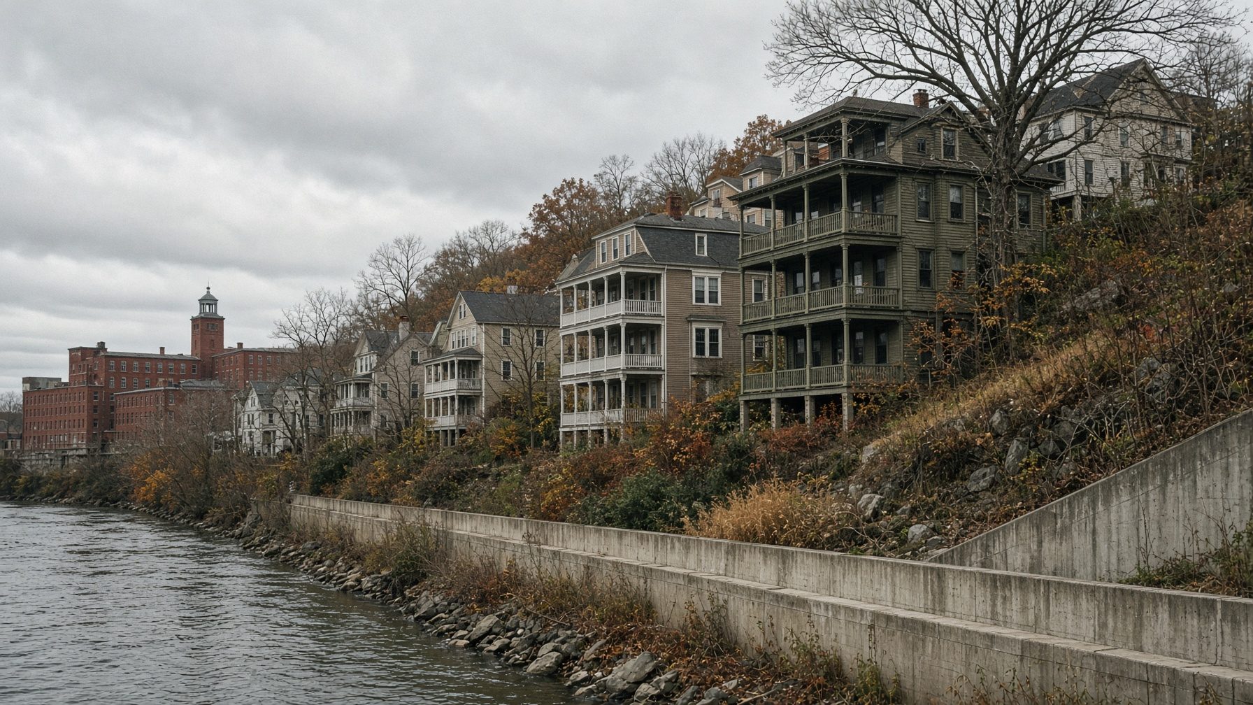 Triple-deckers with stacked porches on a hillside above a river walled in concrete, with brick mills beyond