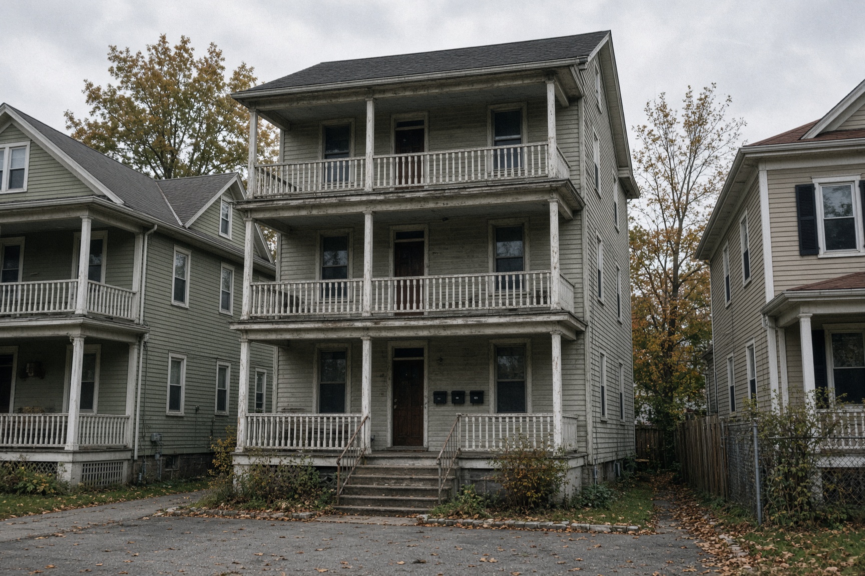 Weathered triple-decker with three stacked porches and three mailboxes by the front door
