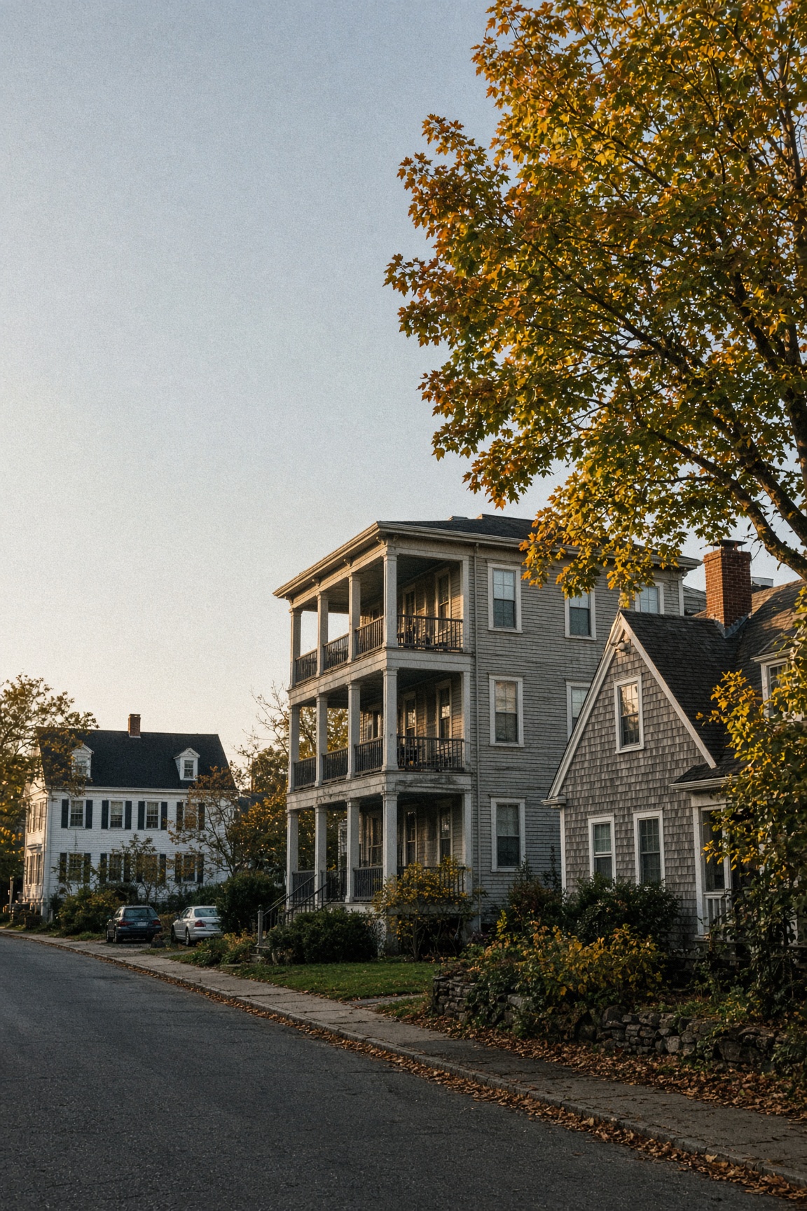 Gray triple-decker with three stacked porches between a white colonial and a shingled house, under an autumn maple