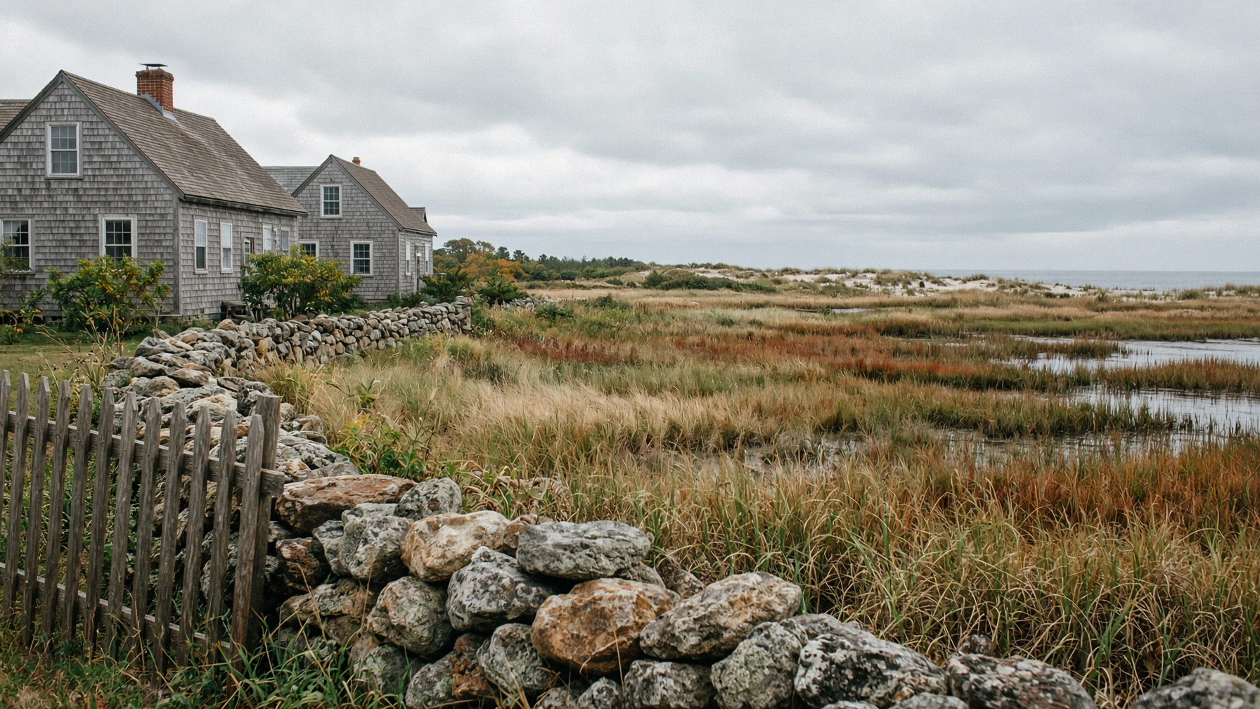 Gray-shingled cottages behind a fieldstone wall and a picket fence, with a salt marsh and dunes running out to the water under a cloudy sky